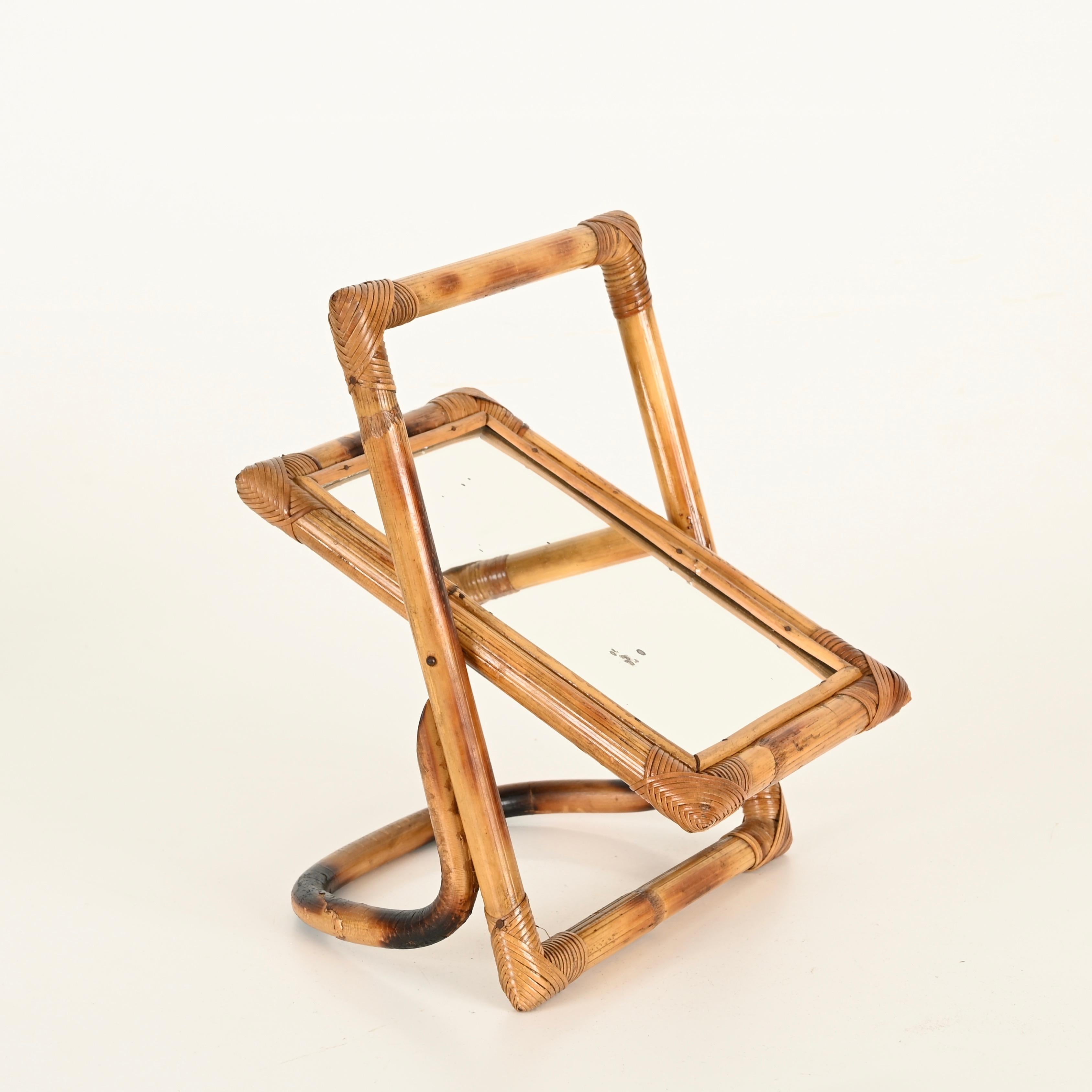 Mid-Century Italian Vanity Adjustable Table Mirror in Bamboo and Rattan, 1970s For Sale 2
