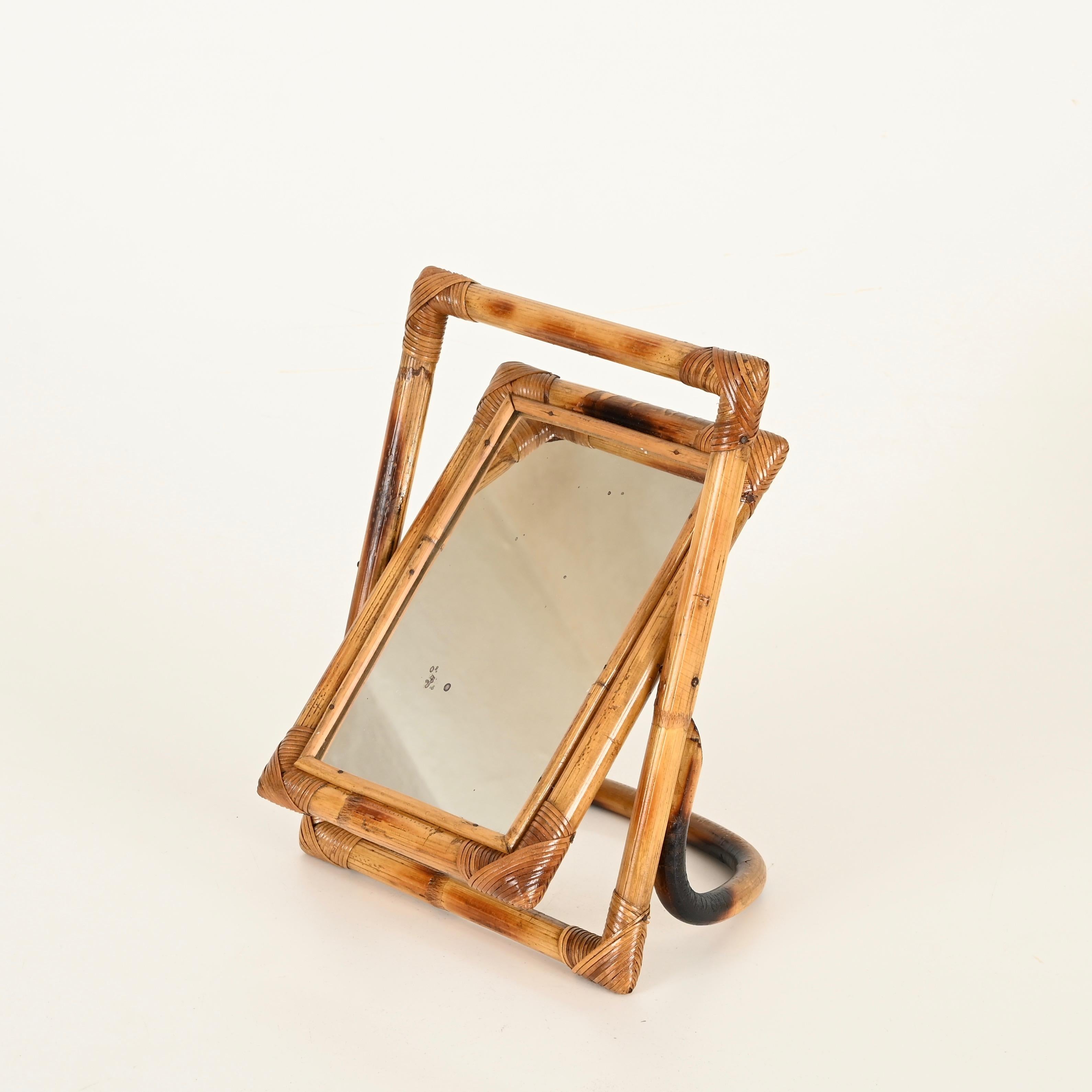 Mid-Century Italian Vanity Adjustable Table Mirror in Bamboo and Rattan, 1970s For Sale 3