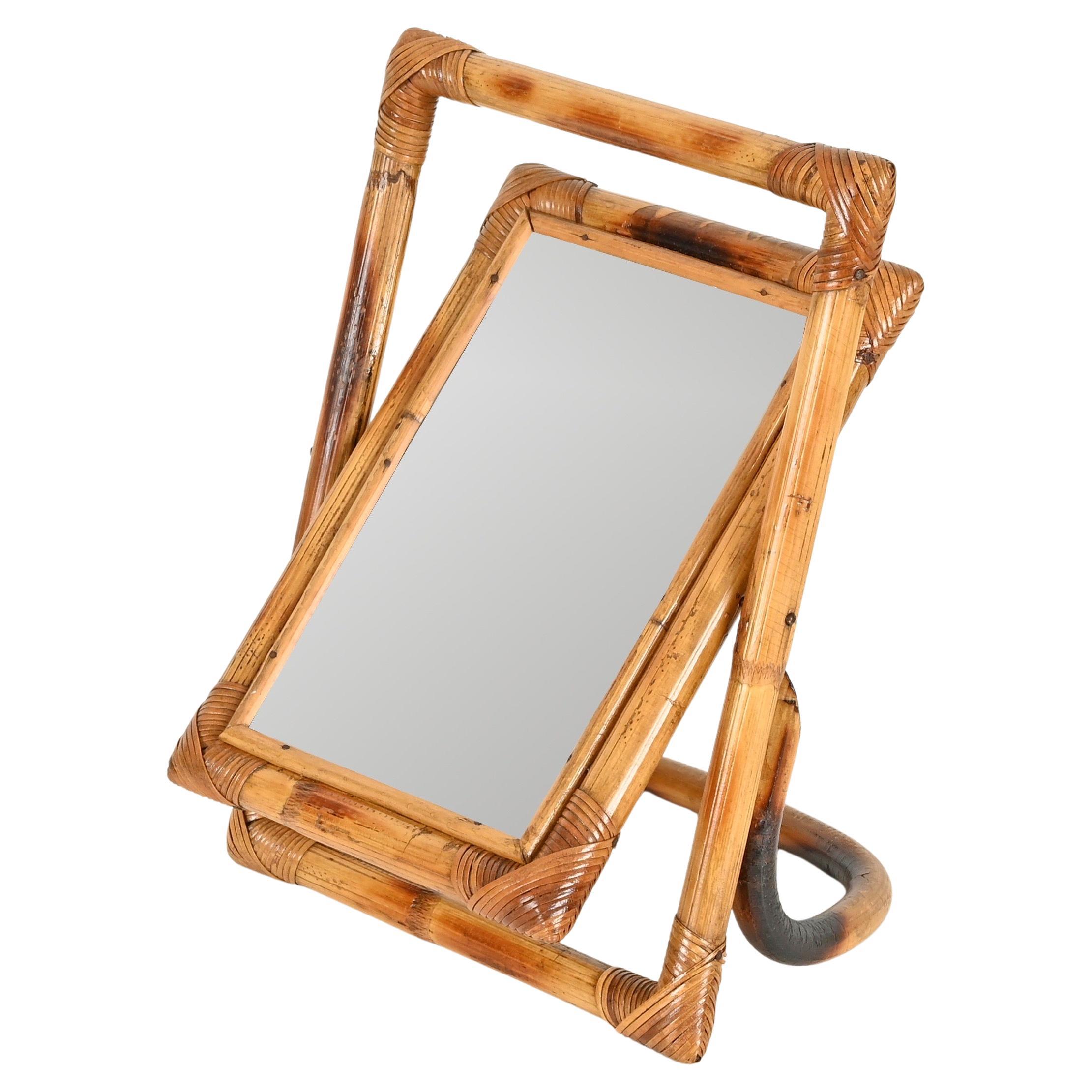 Mid-Century Italian Vanity Adjustable Table Mirror in Bamboo and Rattan, 1970s For Sale