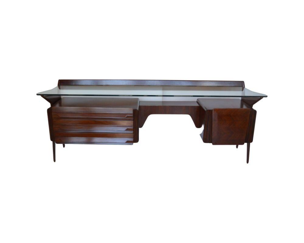 Mid Century Italian Vanity Console with Walnut, Rosewood and Glass by Carlo De C In Excellent Condition For Sale In Los Angeles, CA