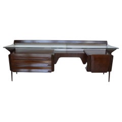 Antique Mid Century Italian Vanity Console with Walnut, Rosewood and Glass by Carlo De C