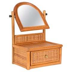 Miroir de table de toilette italien du milieu du siècle en bambou, rotin et laiton, années 1970