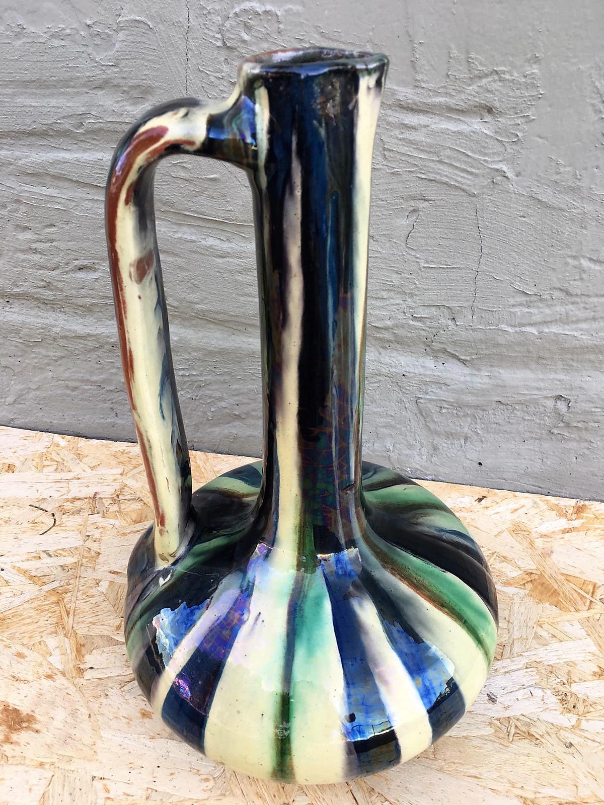 Mid-Century Modern Mid-Century  Italian Vase, Urne O Pitcher with a Greens Iridescents Glaze For Sale