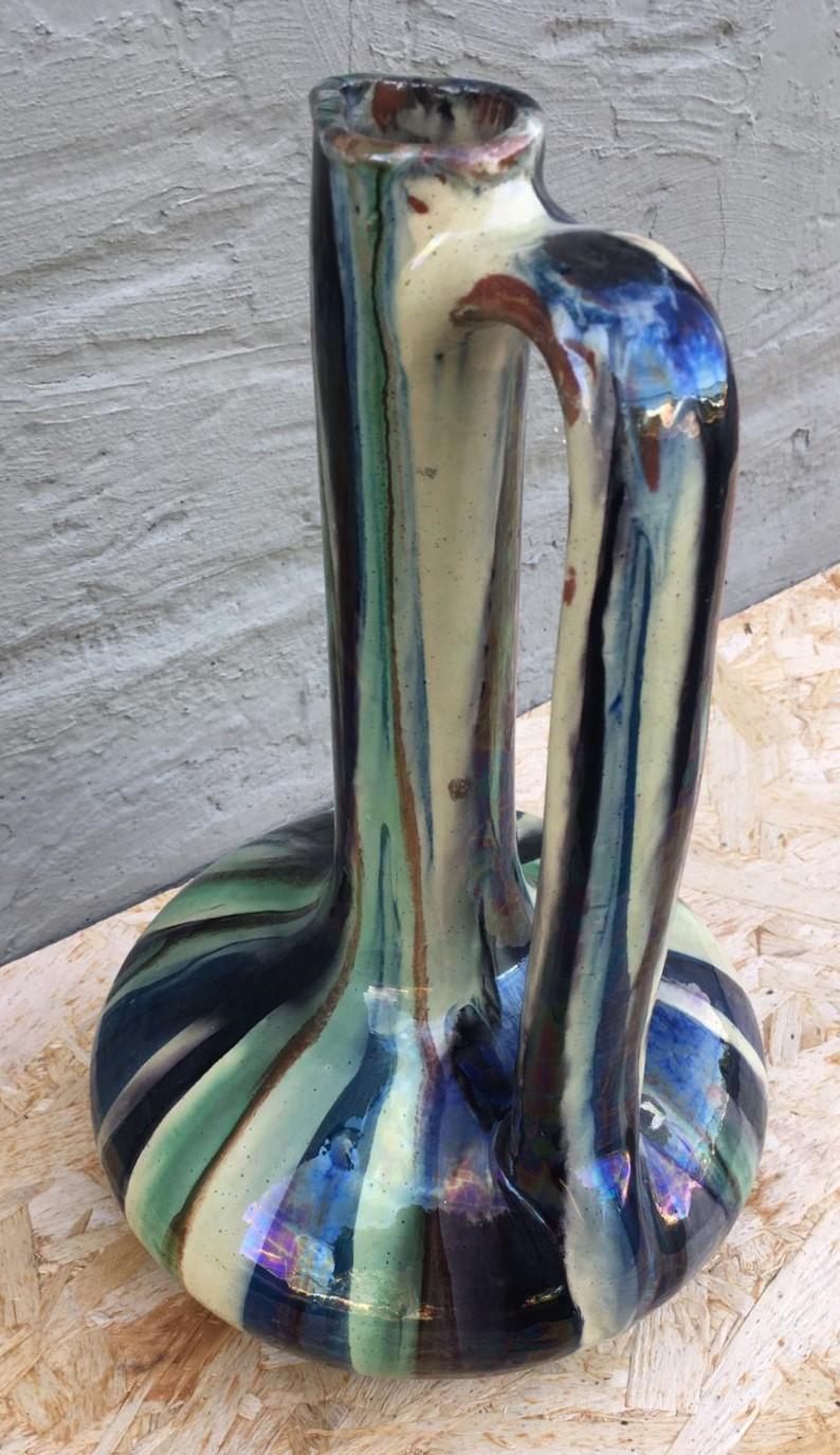 Ceramic Mid-Century  Italian Vase, Urne O Pitcher with a Greens Iridescents Glaze For Sale