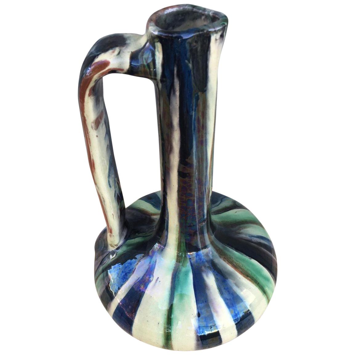 Mid-Century  Italian Vase, Urne O Pitcher with a Greens Iridescents Glaze For Sale