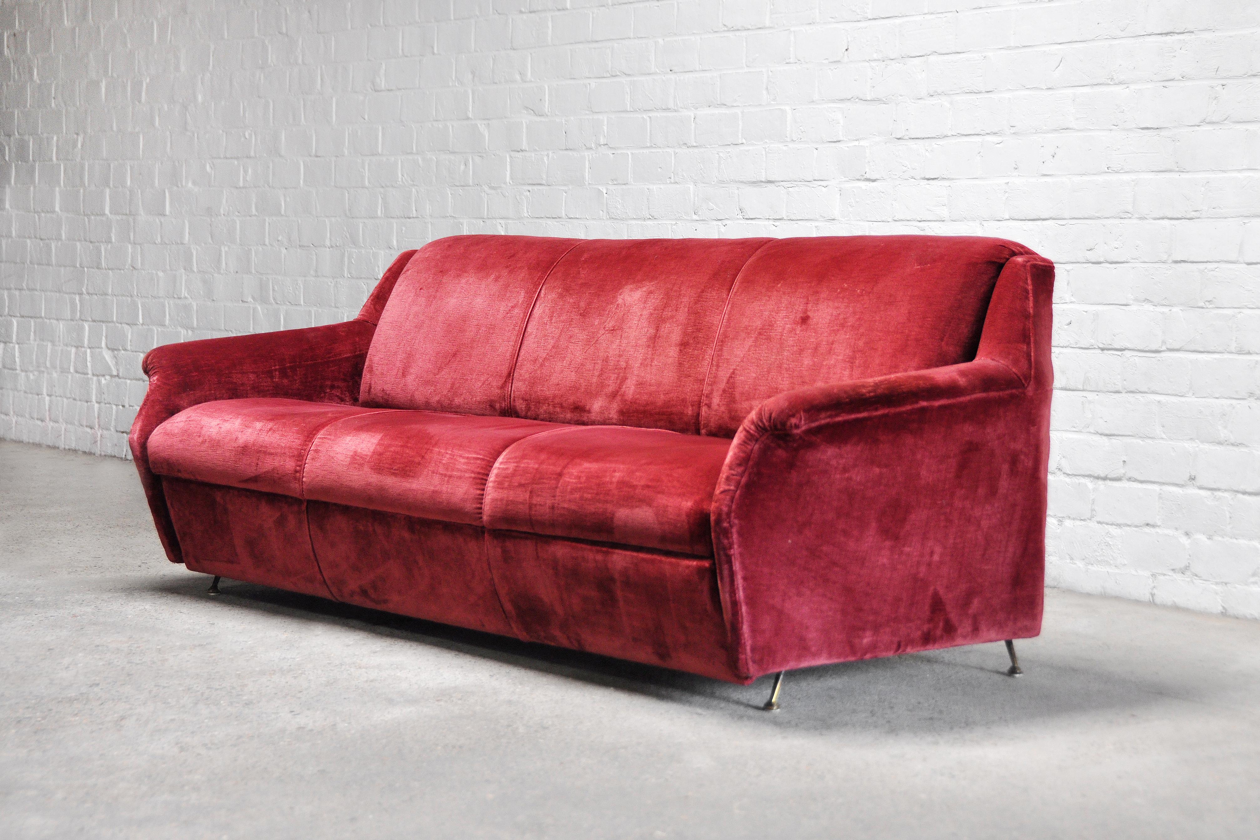Mid-Century Modern Mid-Century Italian Velvet 3-seater Sofa, 1950's For Sale
