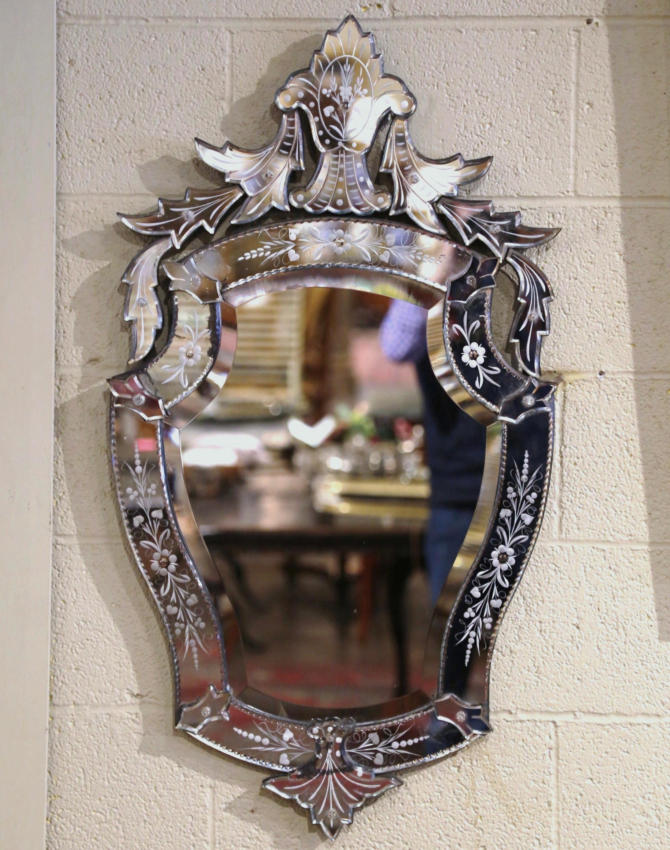 Mid-Century Italian Venetian Beveled Mirror with Painted Floral Etching 1