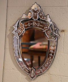 Midcentury Italian Venetian Beveled Shield Mirror with Painted Floral Etching
