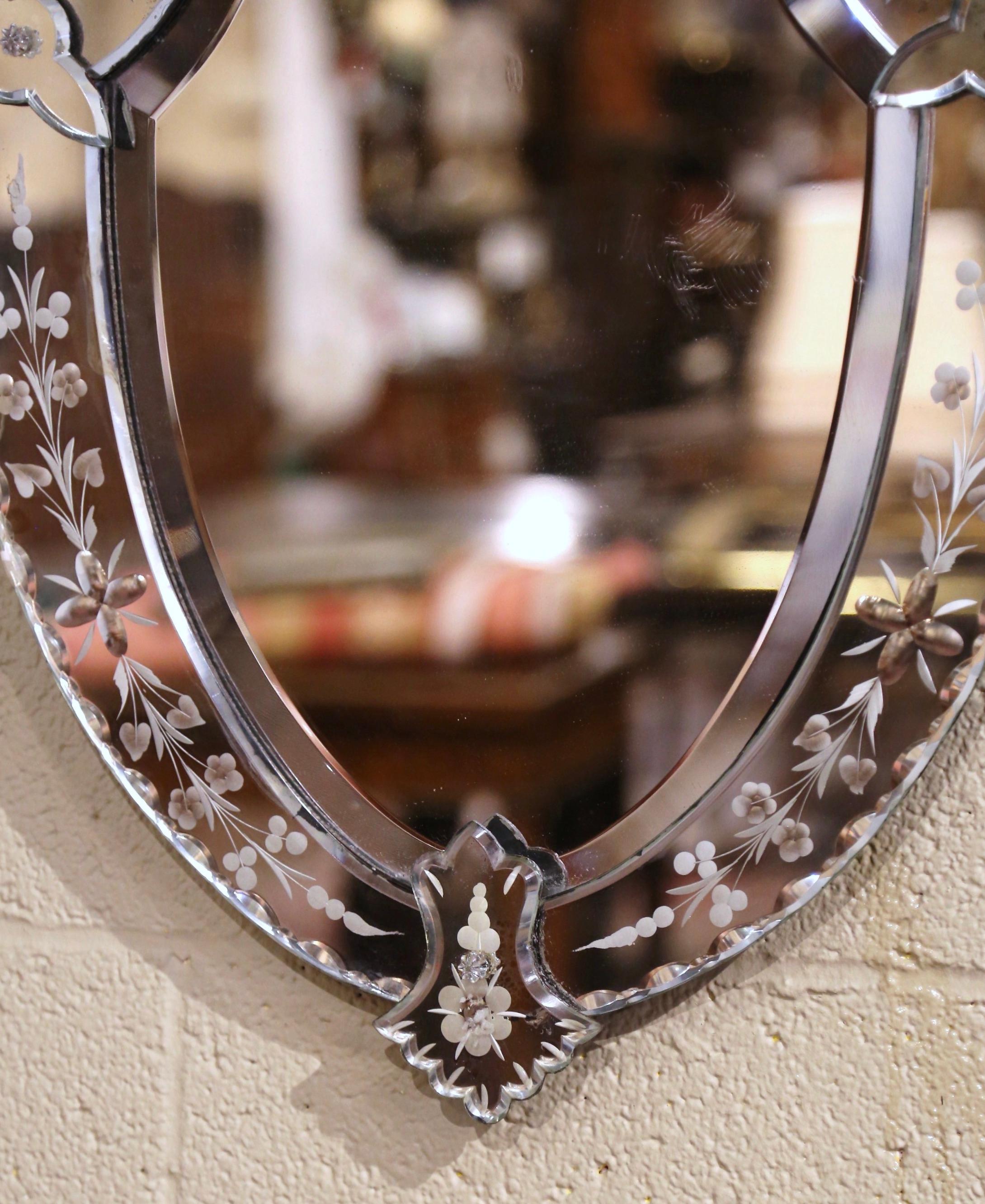 Midcentury Italian Venetian Beveled Shield Mirror with Painted Floral Etching In Good Condition For Sale In Dallas, TX