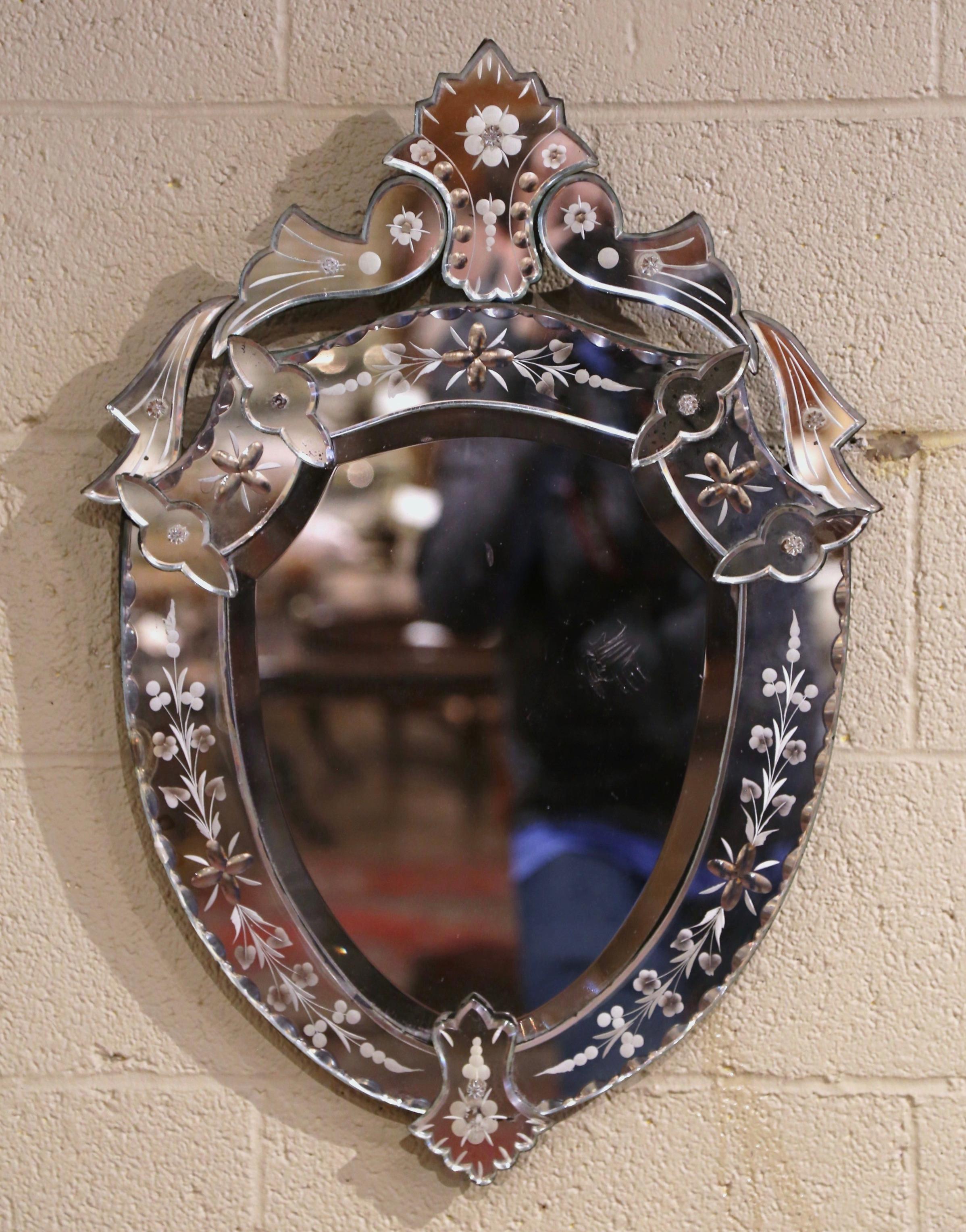 20th Century Midcentury Italian Venetian Beveled Shield Mirror with Painted Floral Etching For Sale