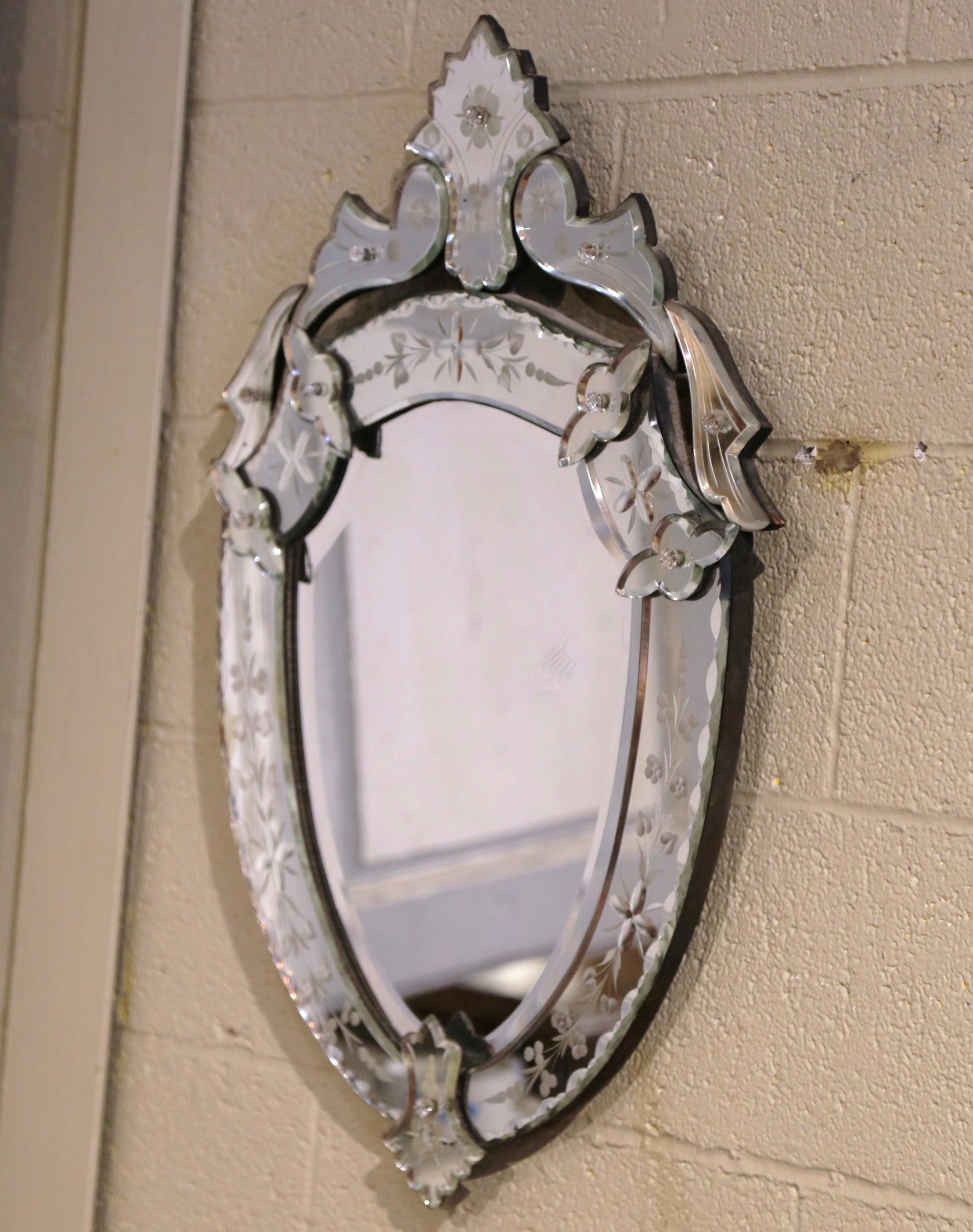 Midcentury Italian Venetian Beveled Shield Mirror with Painted Floral Etching For Sale 1