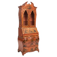 Mid-Century Italian Venetian Coral Gilt Hand Painted Chinoiserie Secretary Desk