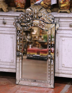Mid-Century Italian Venetian Etched Glass Wall Mirror with Crest