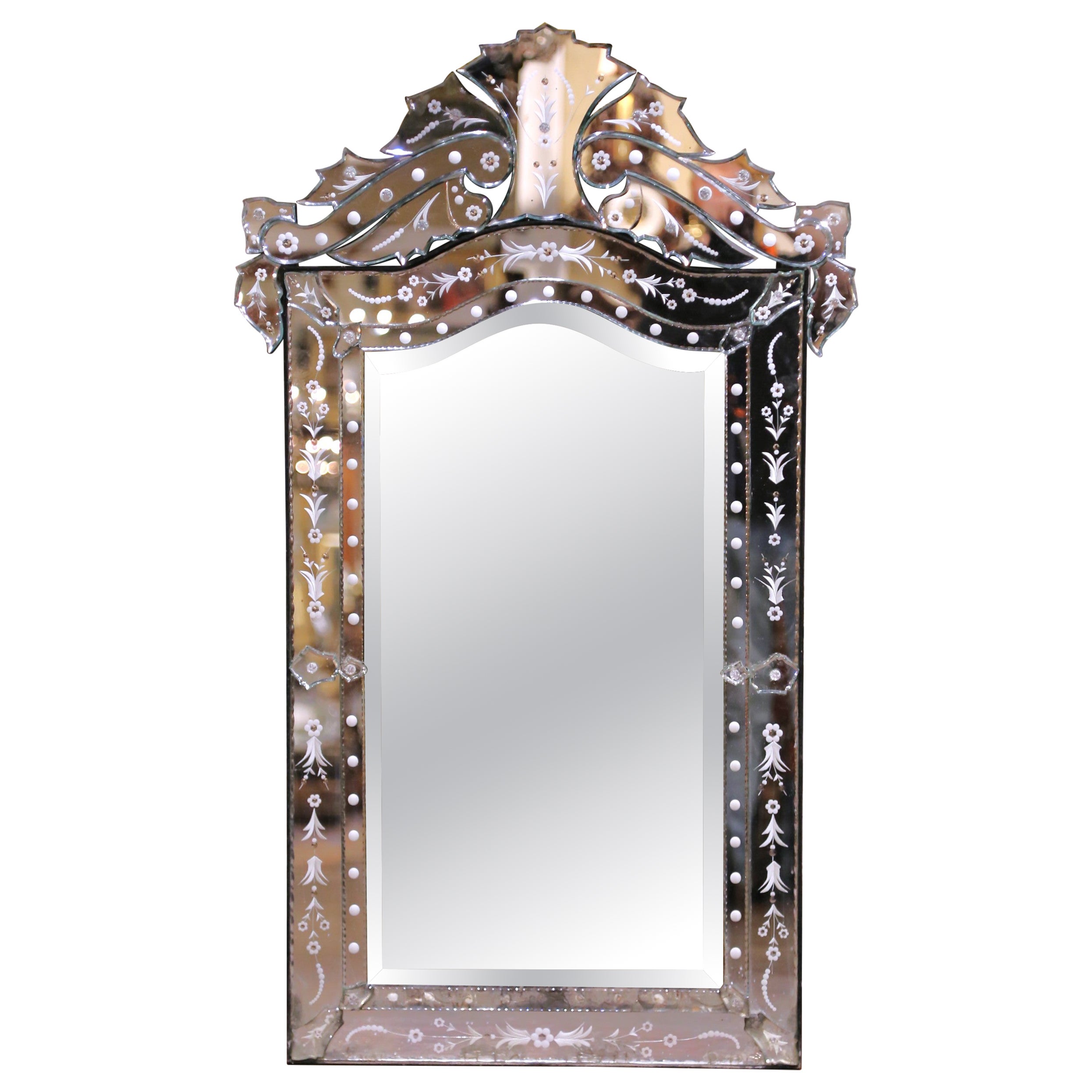 Mid-Century Italian Venetian Etched Glass Wall Mirror with Crest