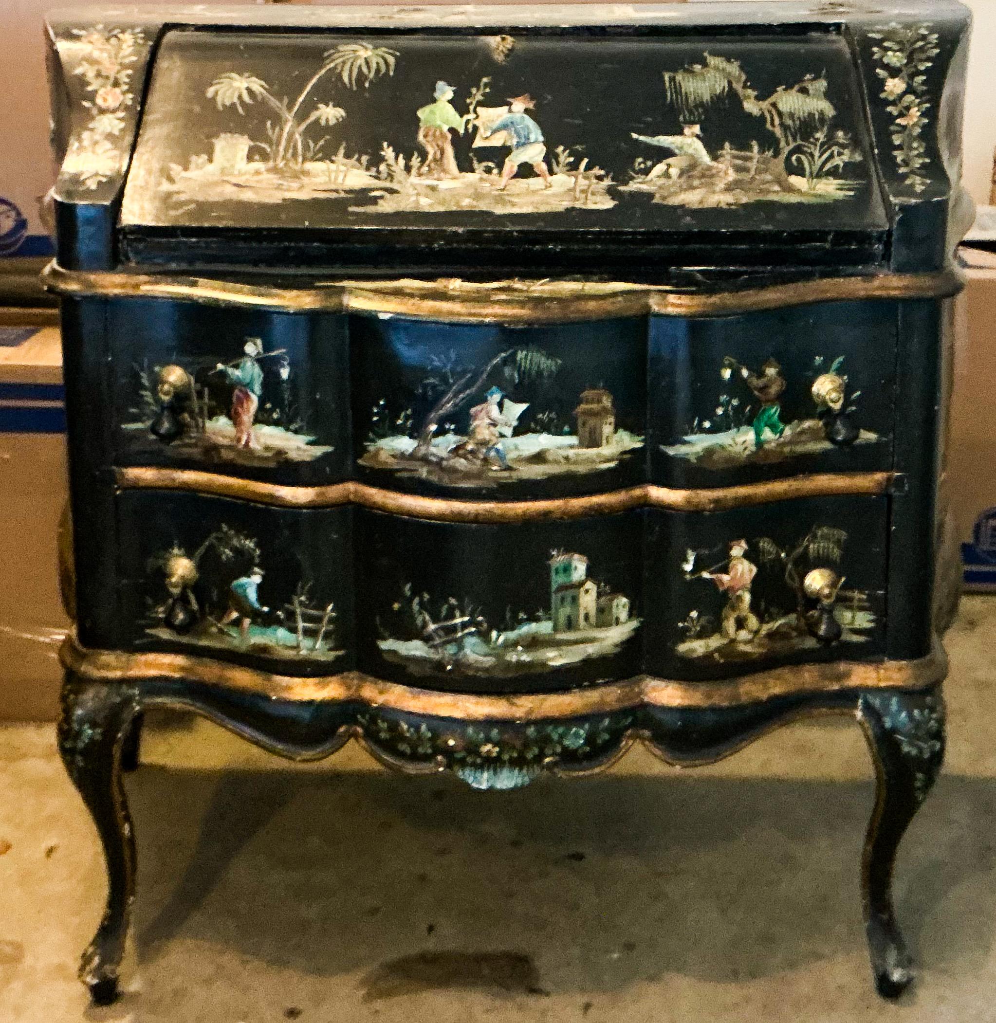 Mid-Century Italian Venetian Hand Painted Chinoiserie Secretary Desk For Sale 2