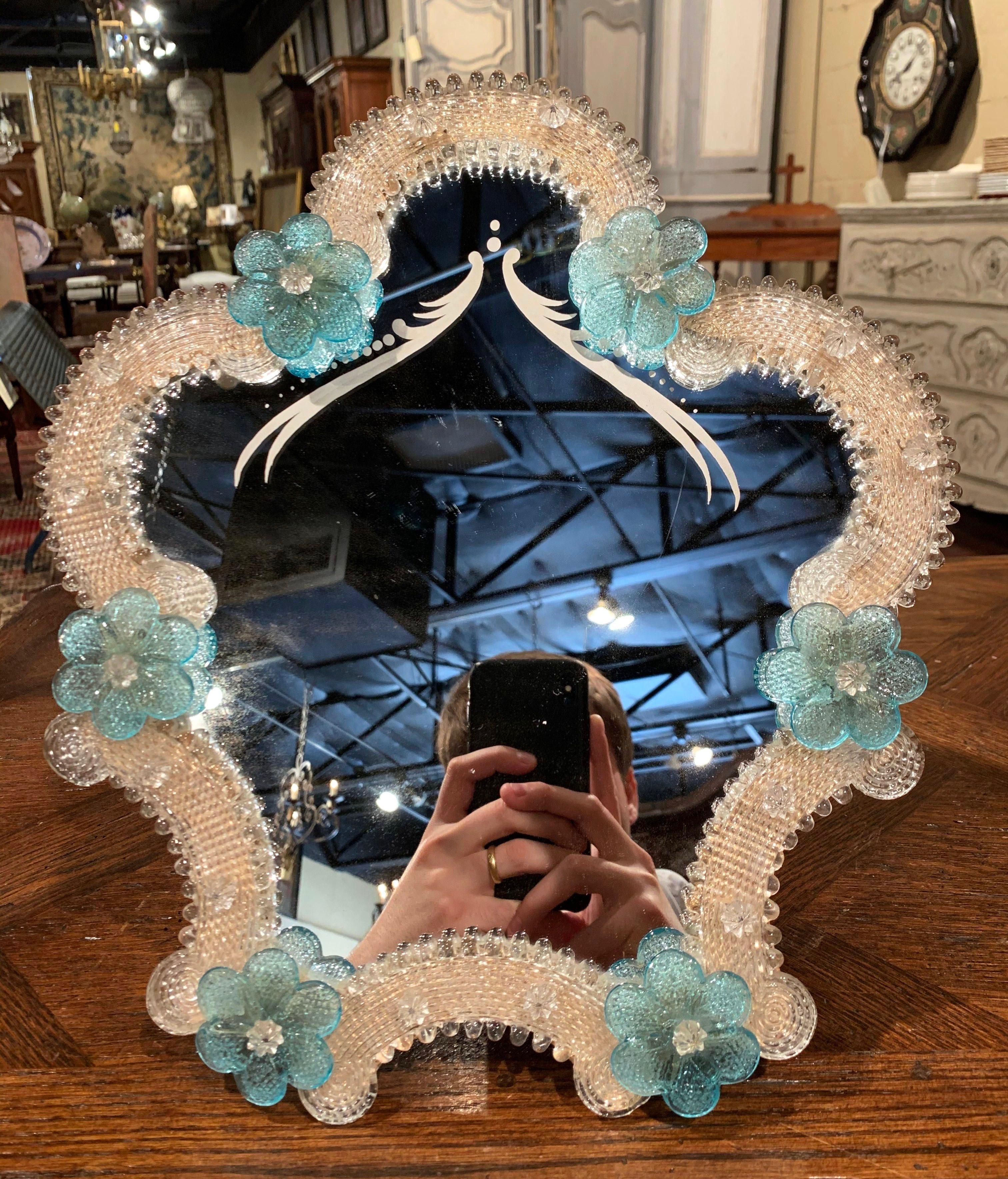 Etched Midcentury Italian Venetian Murano Vanity Table Mirror with Floral Etching