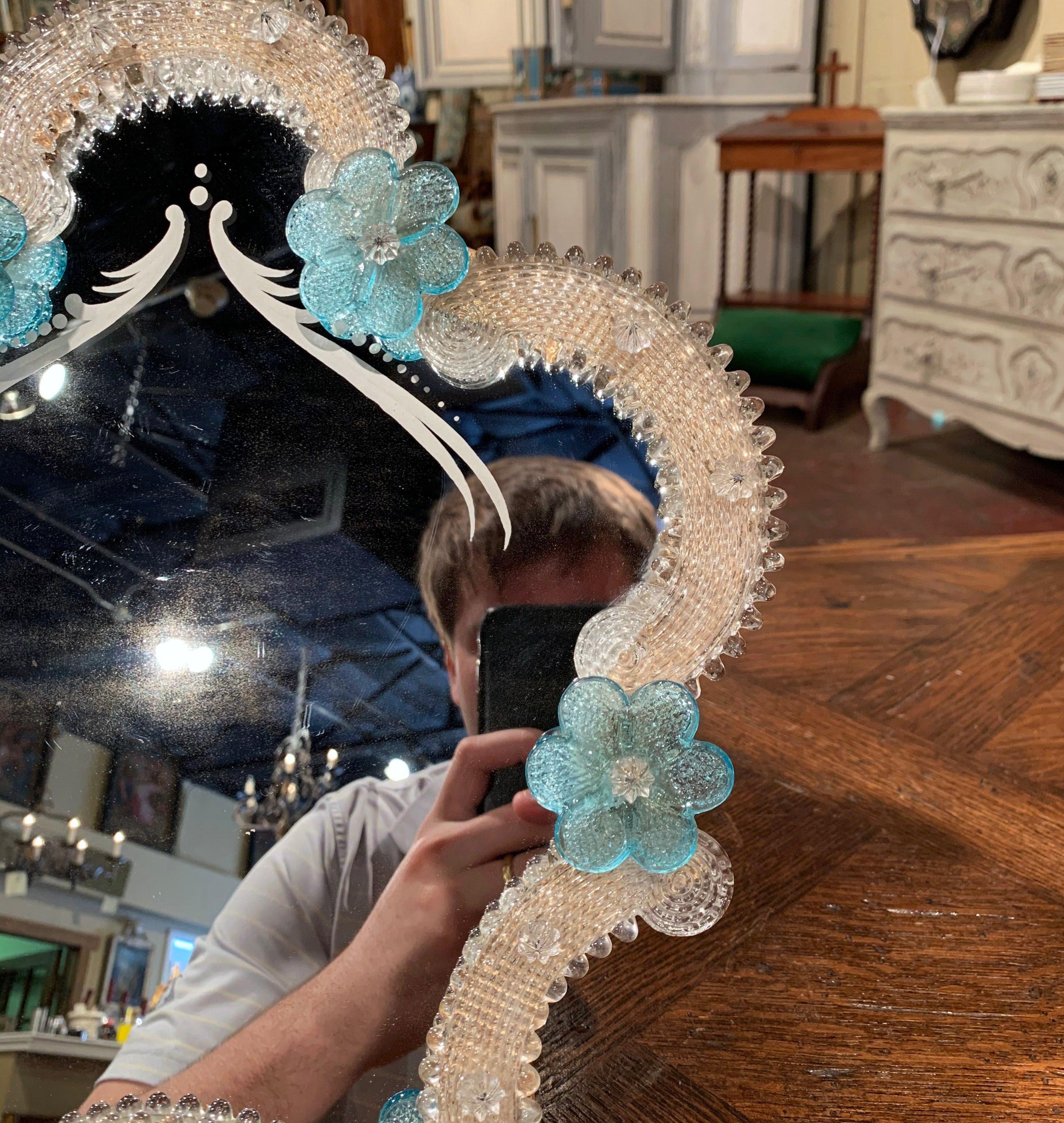 Midcentury Italian Venetian Murano Vanity Table Mirror with Floral Etching 1