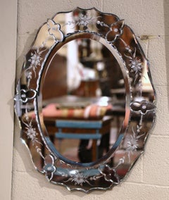 Midcentury Italian Venetian Oval Beveled Mirror with Painted Floral Etching