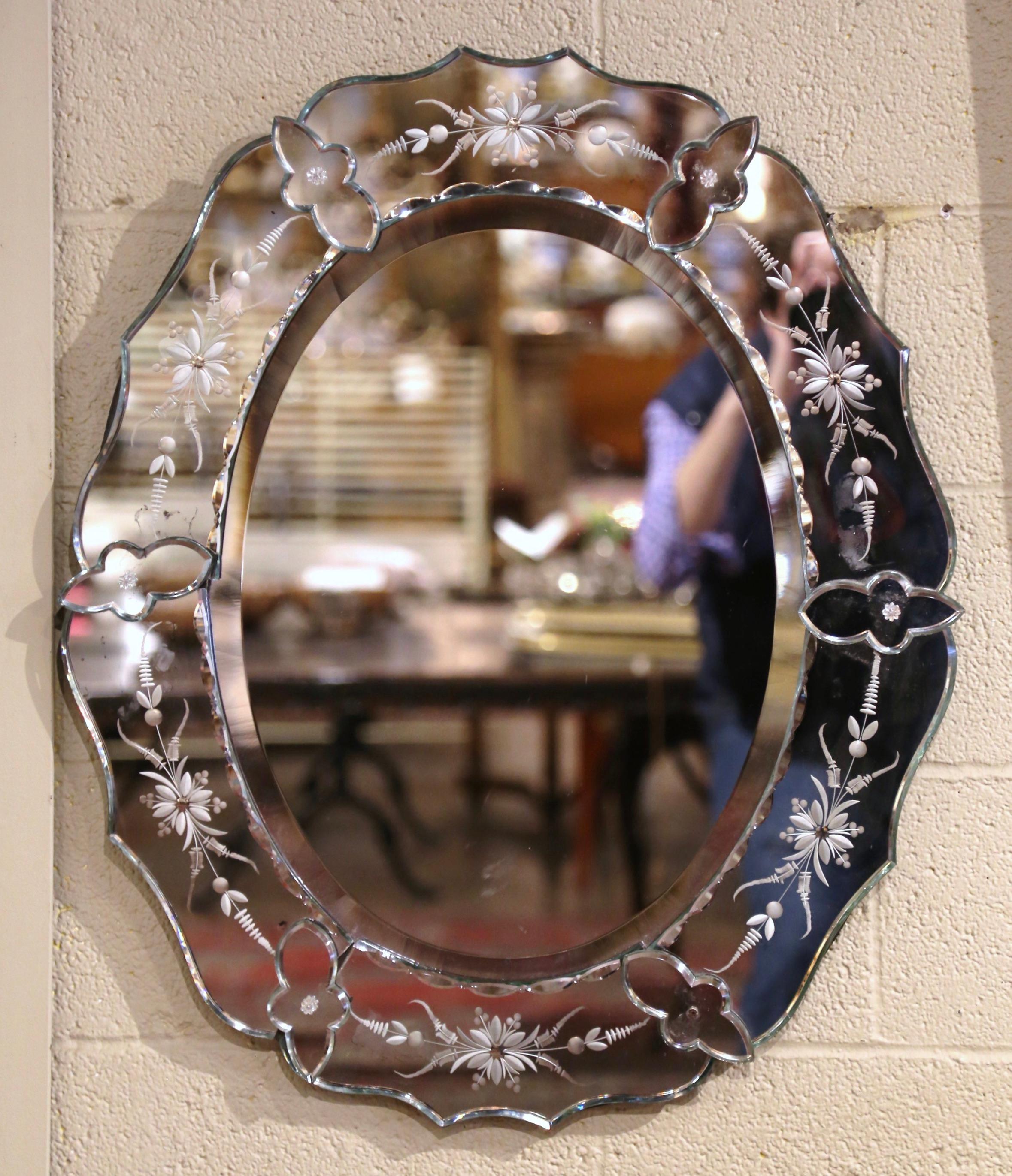 Mercury Glass Midcentury Italian Venetian Oval Beveled Mirror with Painted Floral Etching For Sale