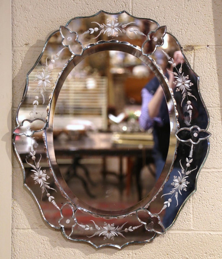 Midcentury Italian Oval Beveled Mirror with Painted Floral