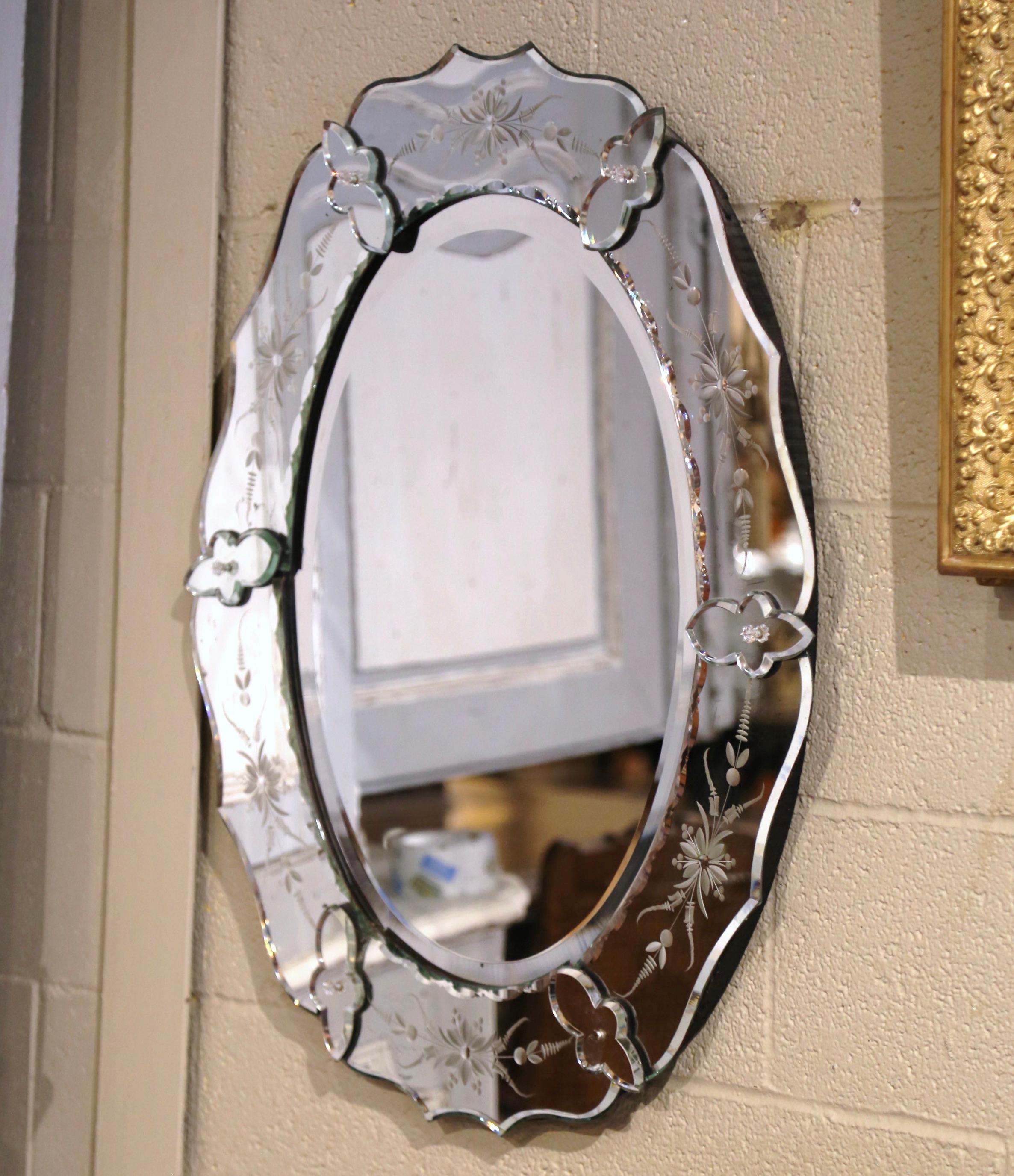 Midcentury Italian Venetian Oval Beveled Mirror with Painted Floral Etching For Sale 1