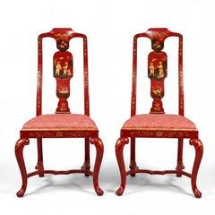 Mid-Century Italian Venetian Red Chinoiserie Hand Painted Side Chairs, Pair