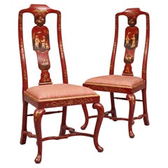 Mid-Century Italian Venetian Red Chinoiserie Hand Painted Side Chairs, Pair