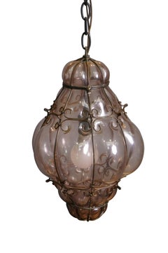 Mid Century Italian Venitian Murano Caged Glass Swag Lantern Pendant Light 15"