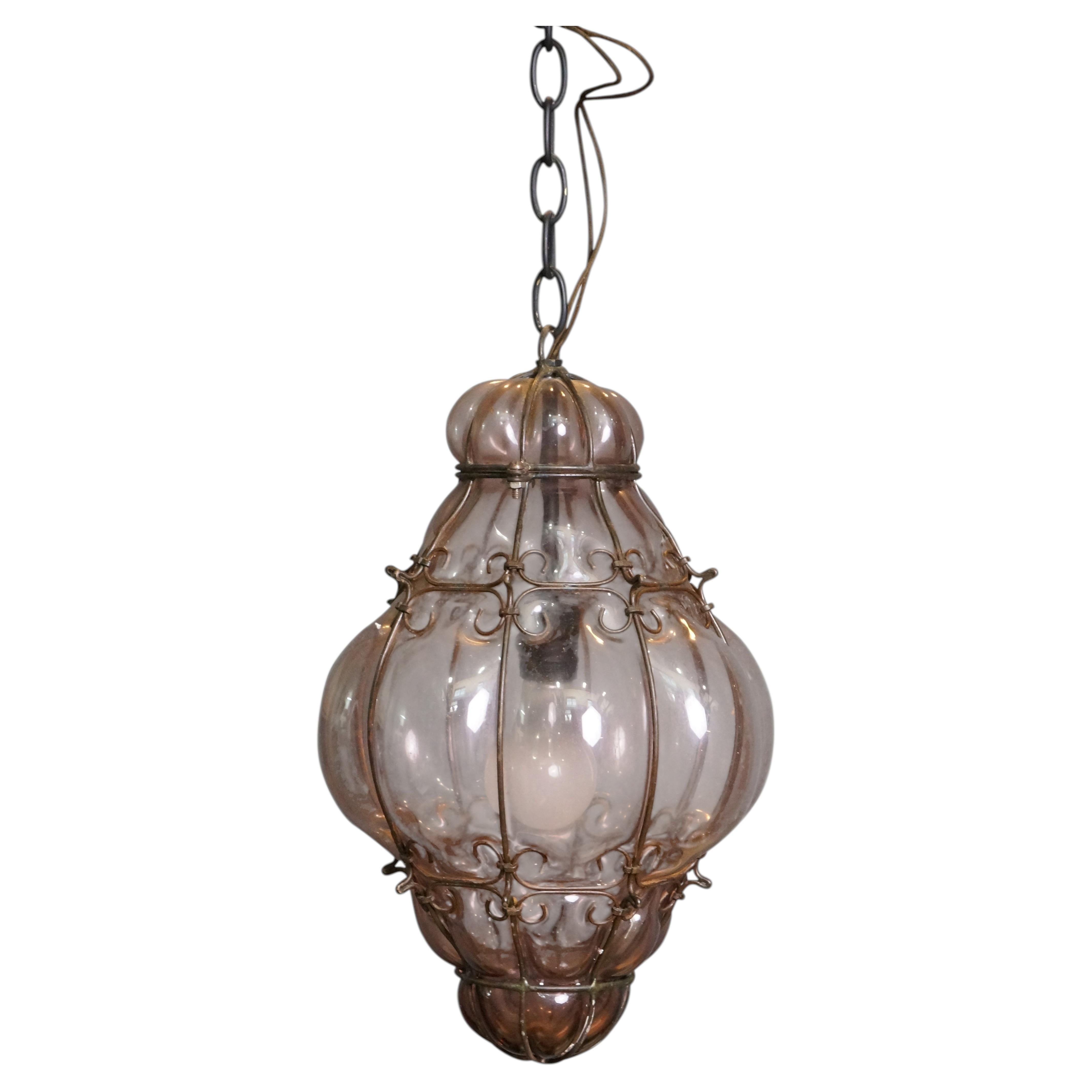 Mid Century Italian Venitian Murano Caged Glass Swag Lantern Pendant Light 15"