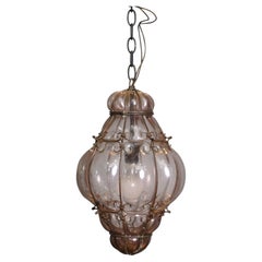 Mid Century Italian Venitian Murano Caged Glass Swag Lantern Pendant Light 15"