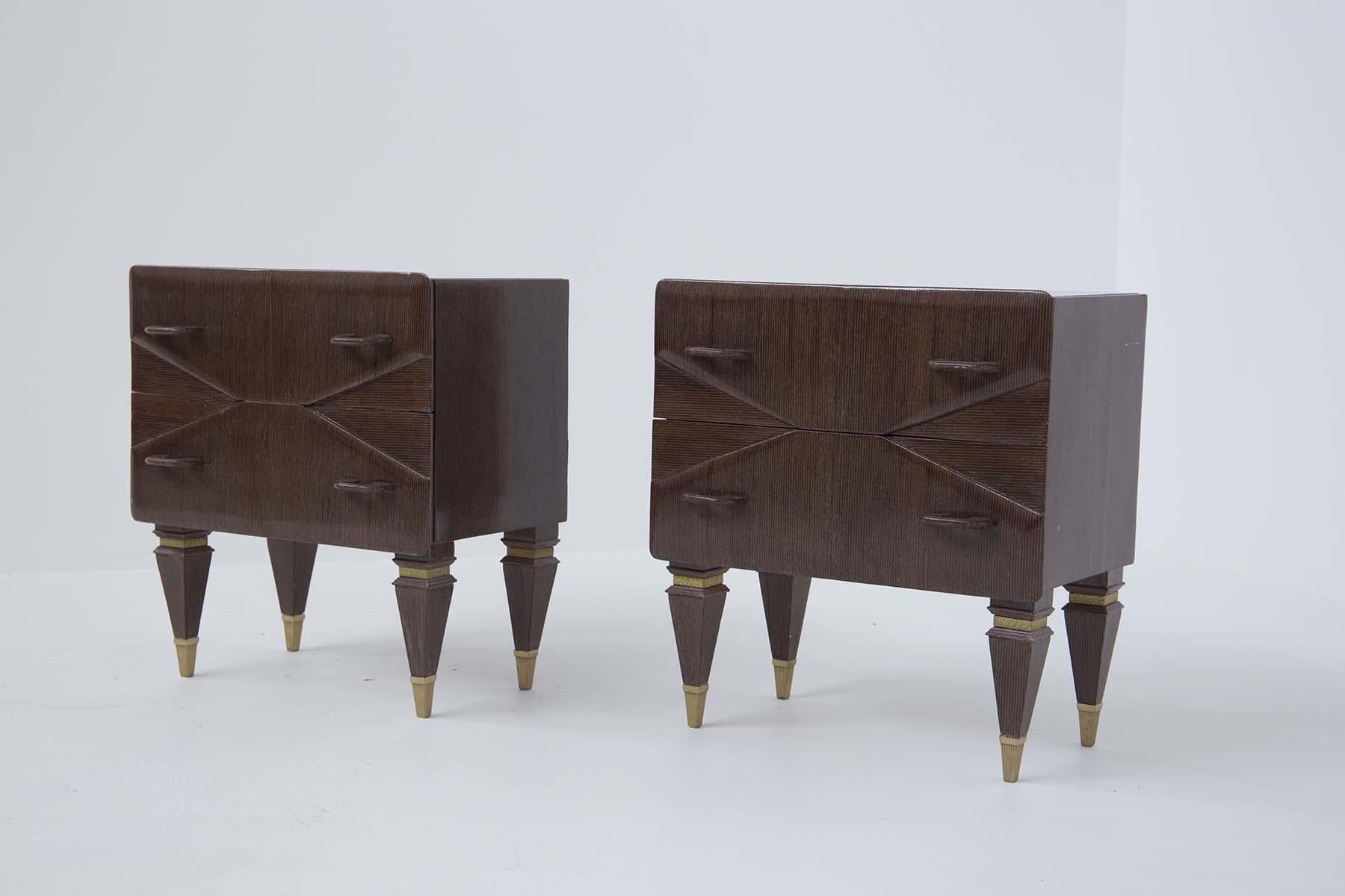 Mid Century Italian Vintage Nightstands in Wood and Blue Glass For Sale 2