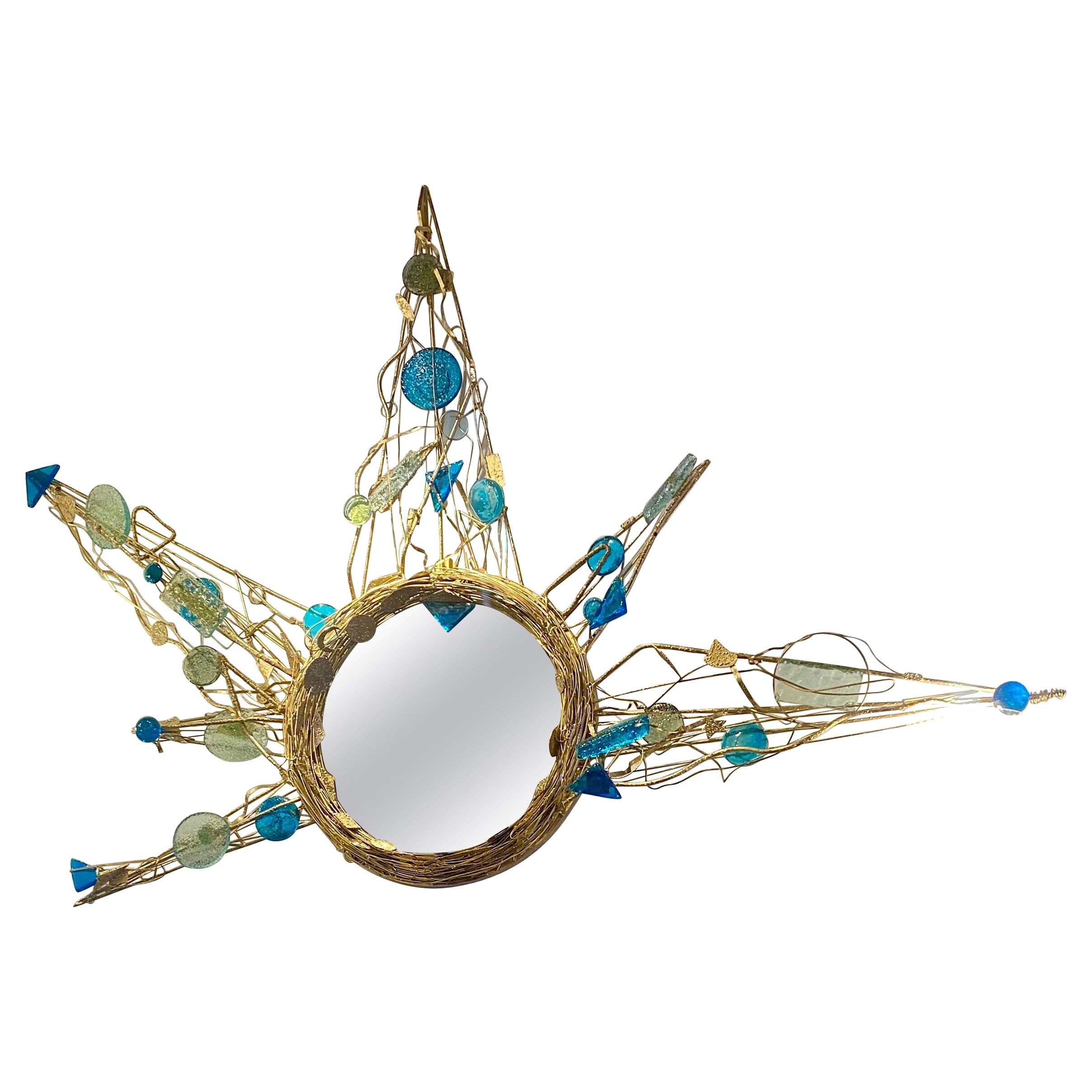 Miroir d
art mural italien du milieu du siècle en métal et verre artisanal