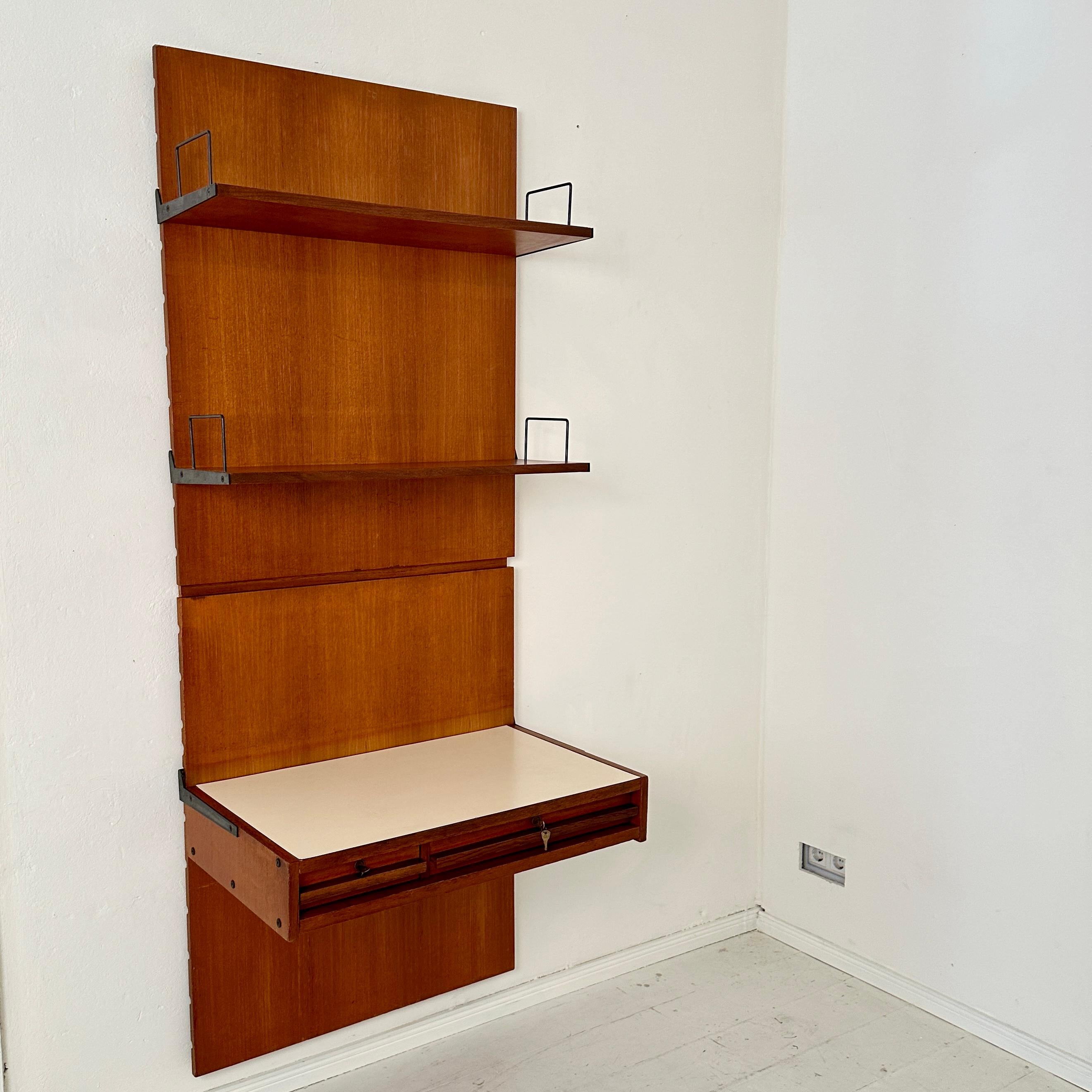 Mid-Century Modern Mid Century Italian Wall Desk in Brown Teak with Panels and Shelfs, around 1960