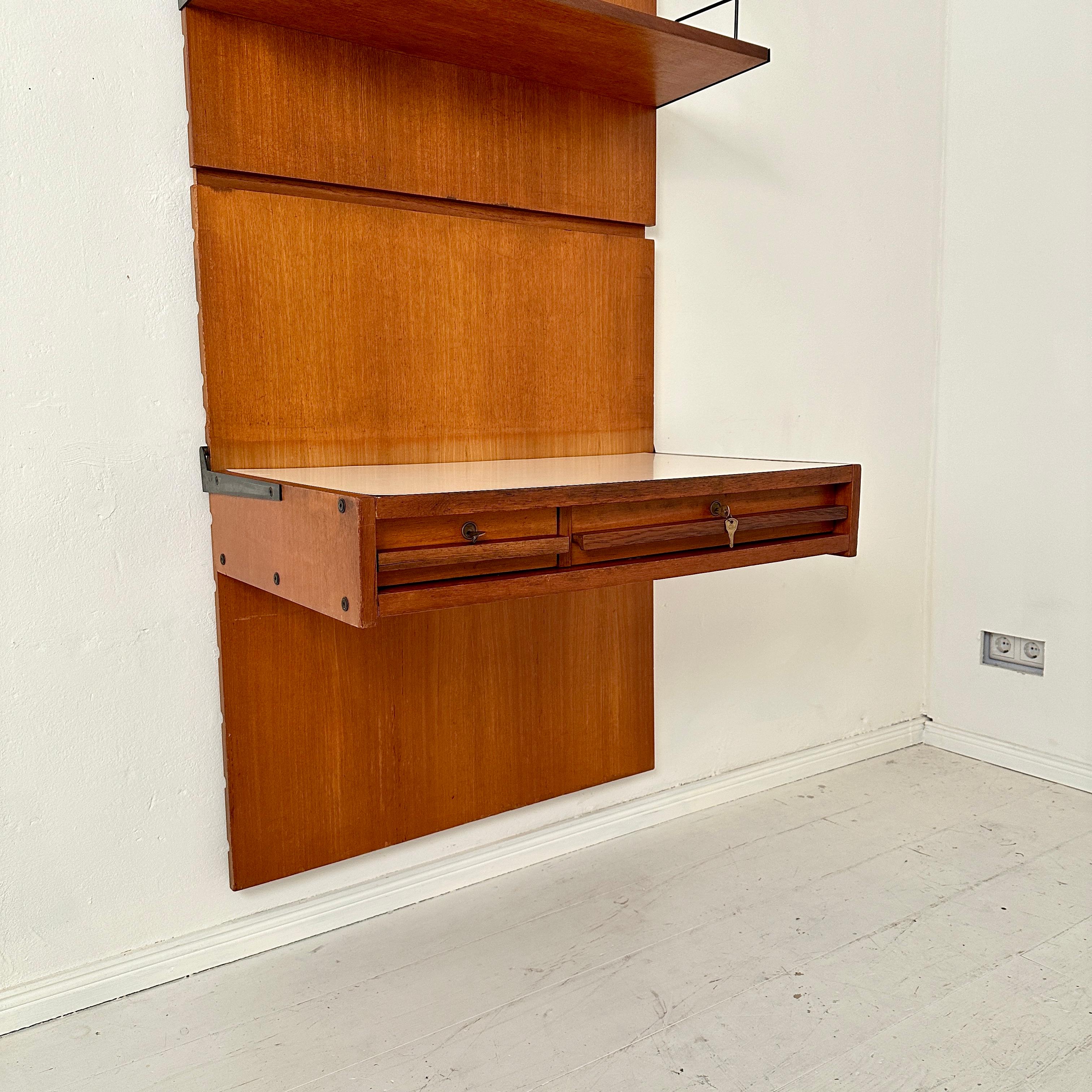 Metal Mid Century Italian Wall Desk in Brown Teak with Panels and Shelfs, around 1960
