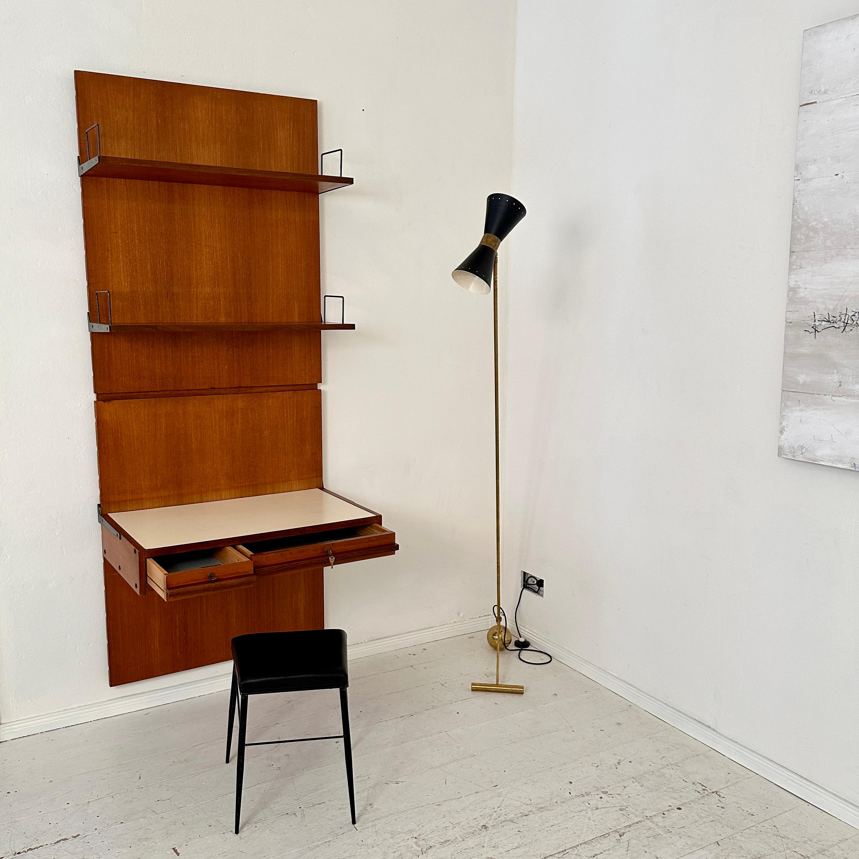 Mid Century Italian Wall Desk in Brown Teak with Panels and Shelfs, around 1960 2