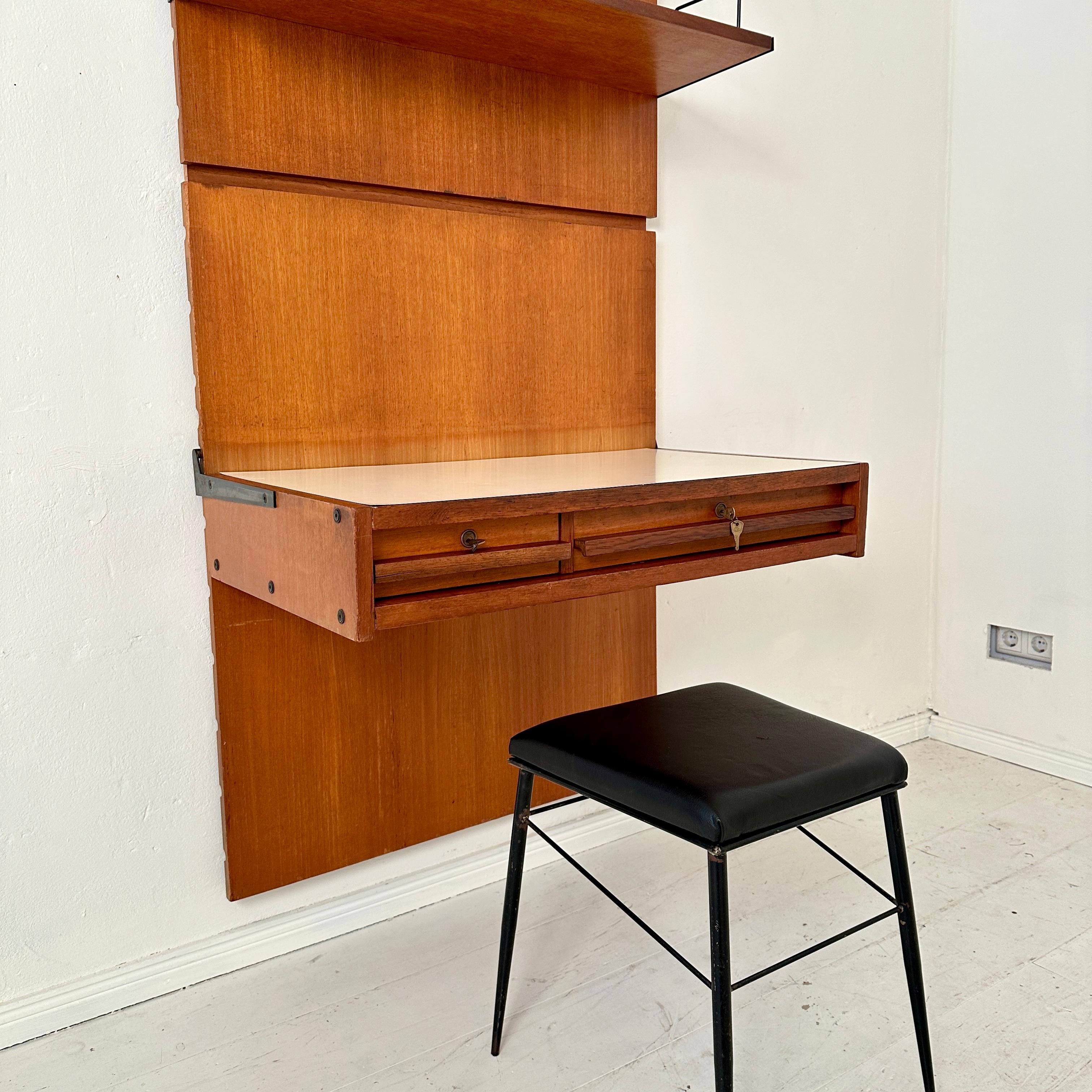 Mid Century Italian Wall Desk in Brown Teak with Panels and Shelfs, around 1960 For Sale 3