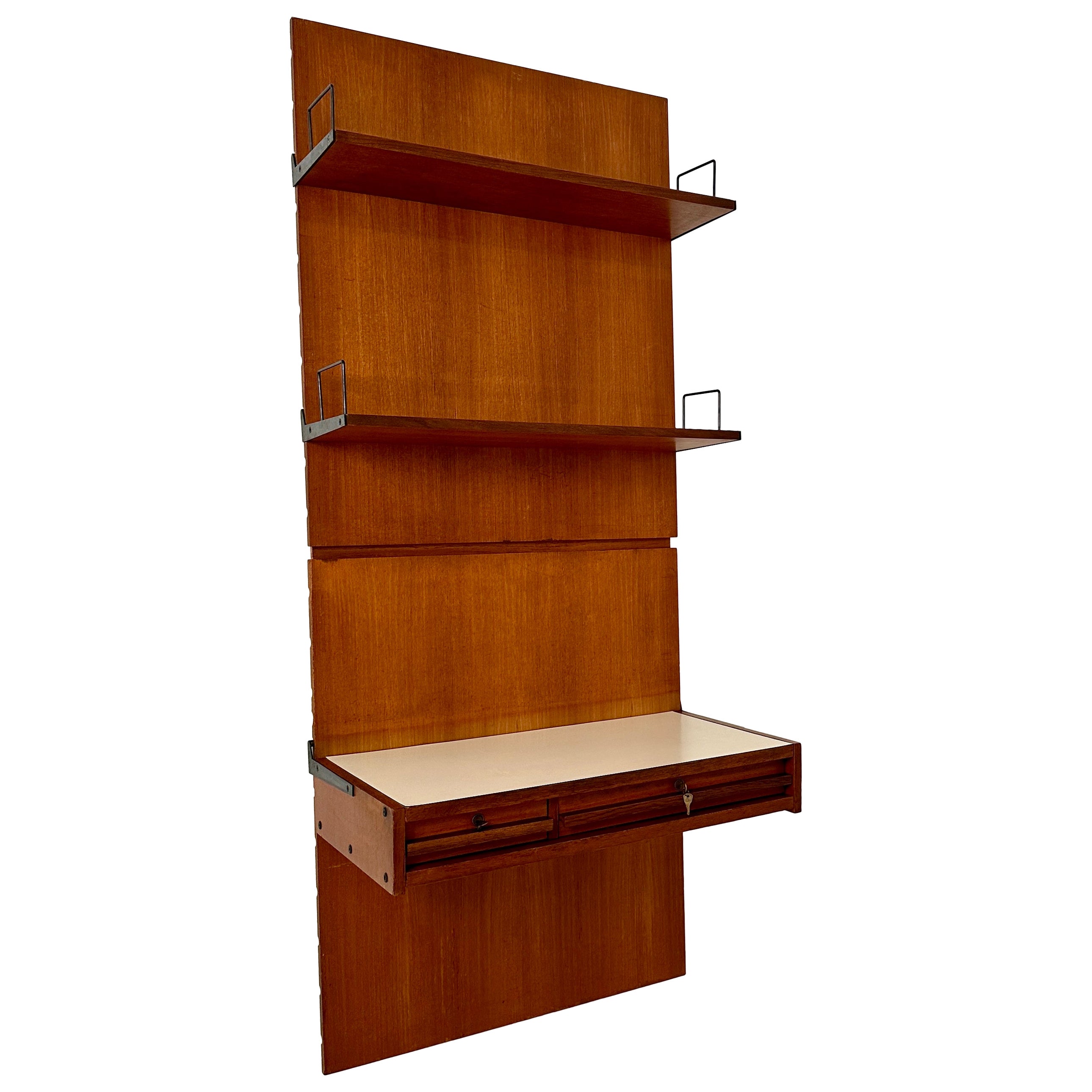 Mid Century Italian Wall Desk in Brown Teak with Panels and Shelfs, around 1960