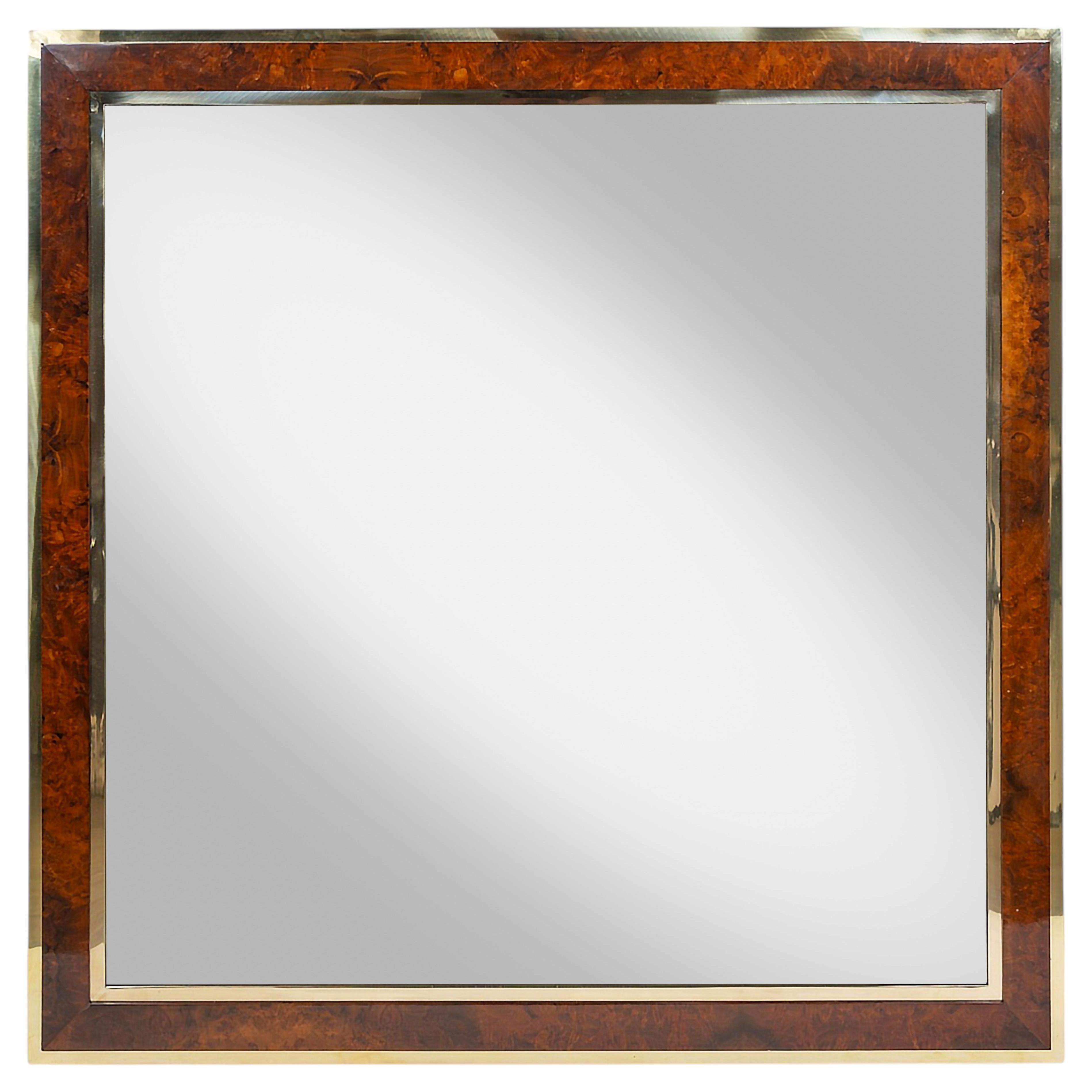 Mid-Century Italian Wall Mirror, Brass Frame with Wood Veneer, 1970
