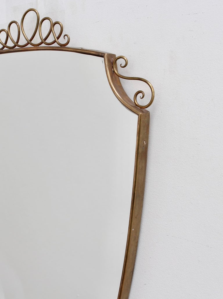 MidCentury Italian Wall Mirror with Brass Frame and Top Flourish