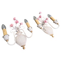 Mid-Century Italian Wall Sconces with Porcelain Roses, 1955 Pair