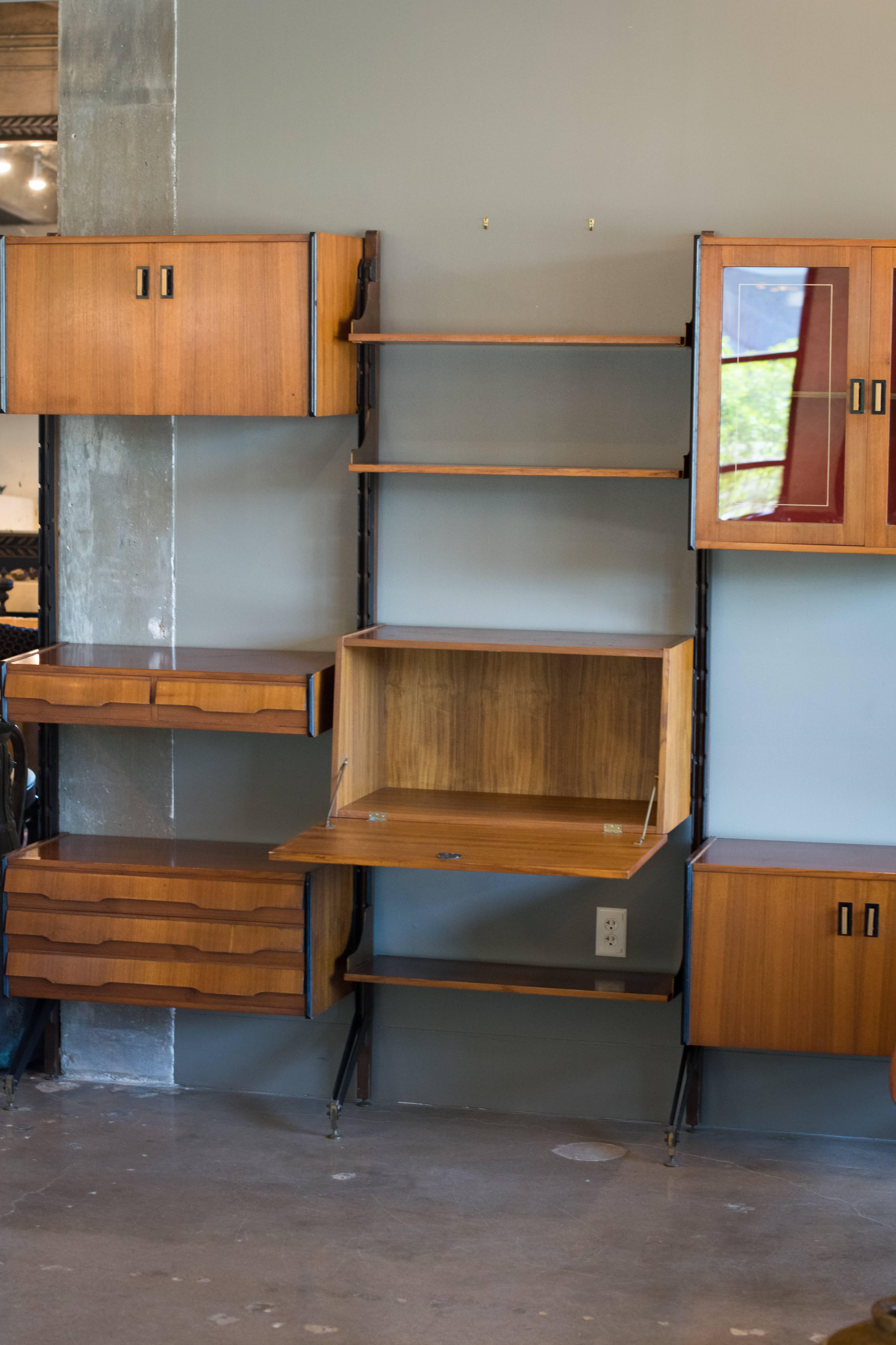 Midcentury Italian Wall Unit with Adjustable Teak Shelves and Cases 1