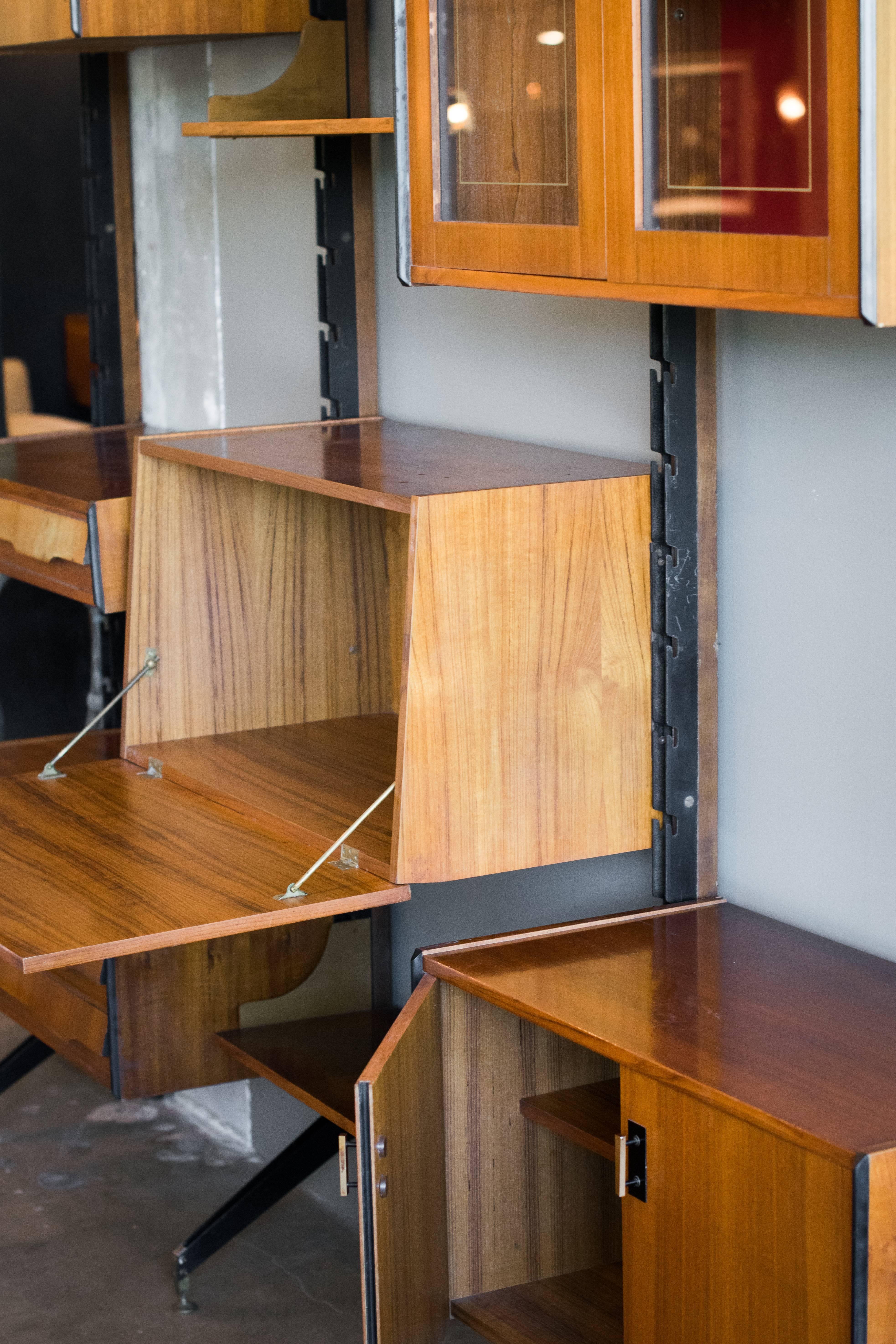 Midcentury Italian Wall Unit with Adjustable Teak Shelves and Cases 3