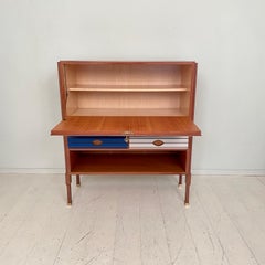 Mid Century Italian Walnut and Blue White Lacquered Bar Cabinet Highboard, 1978