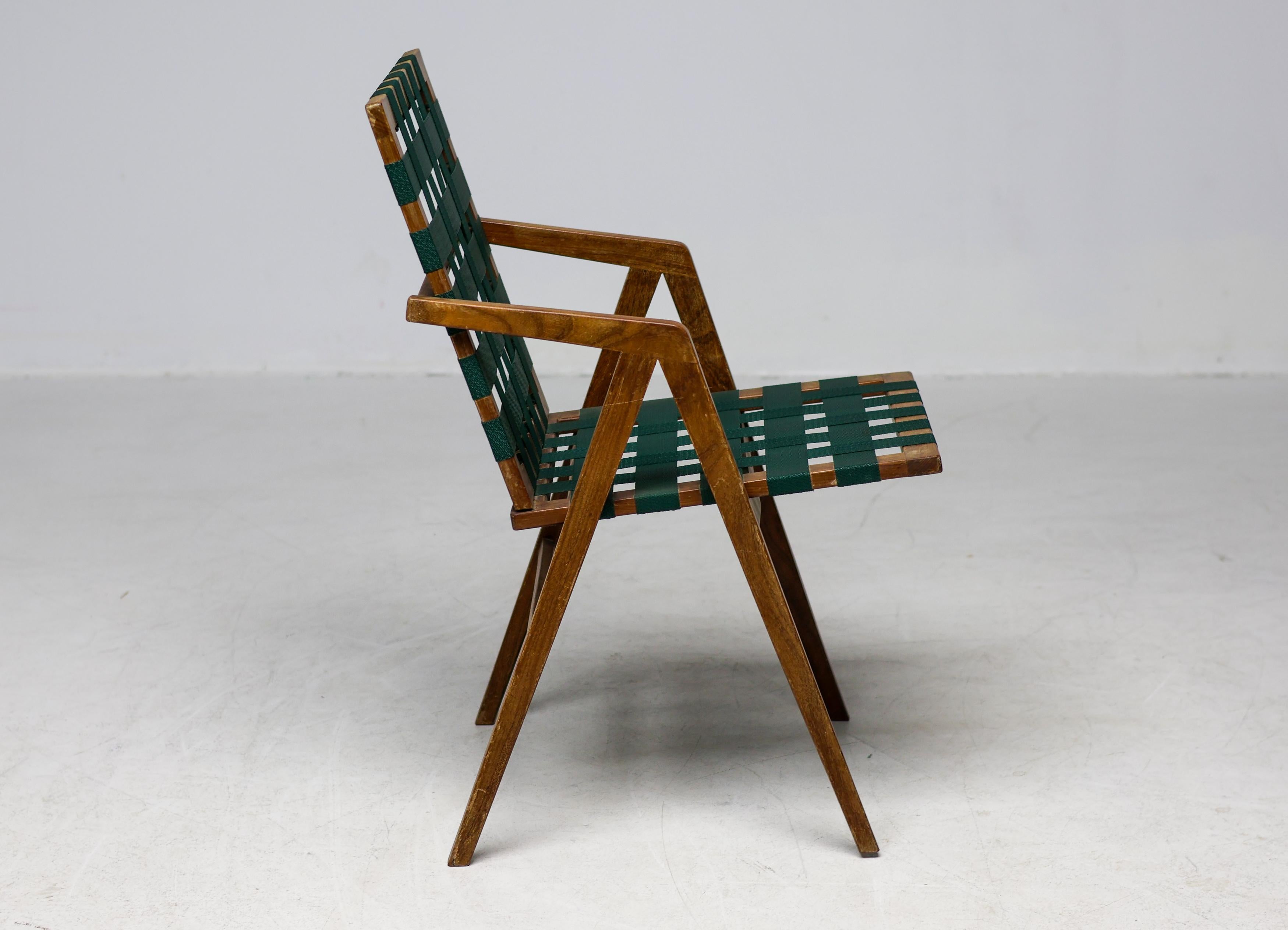 Mid-Century Modern Mid-Century Italian Walnut Armchair with Webbing, in the Style of Franco Albini For Sale