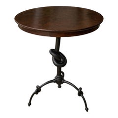 Mid-Century Italian Walnut Bistro / Side Table W/ Hand Forged Iron Knot Base
