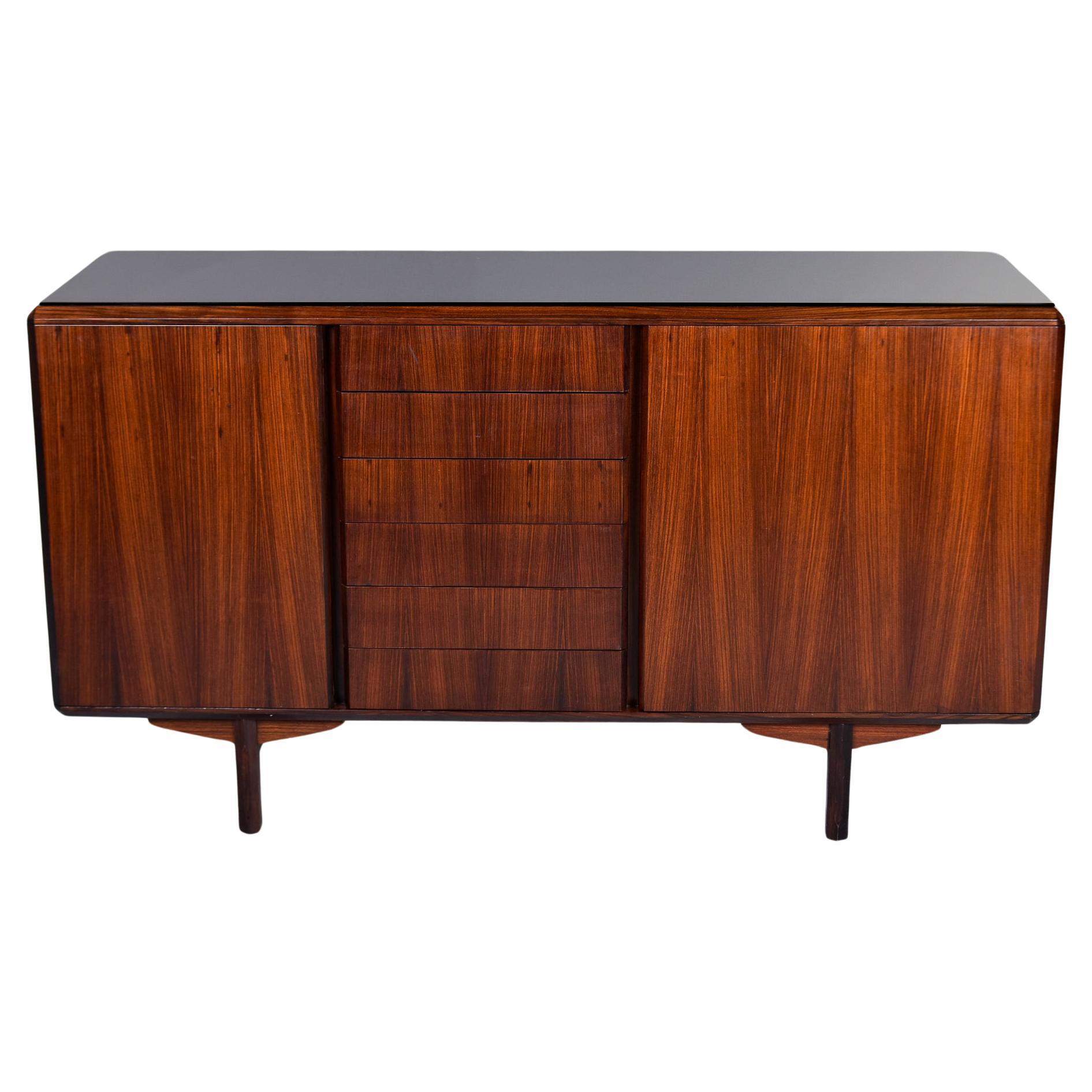 Mid Century Italian Walnut Cabinet with Black Glass Top