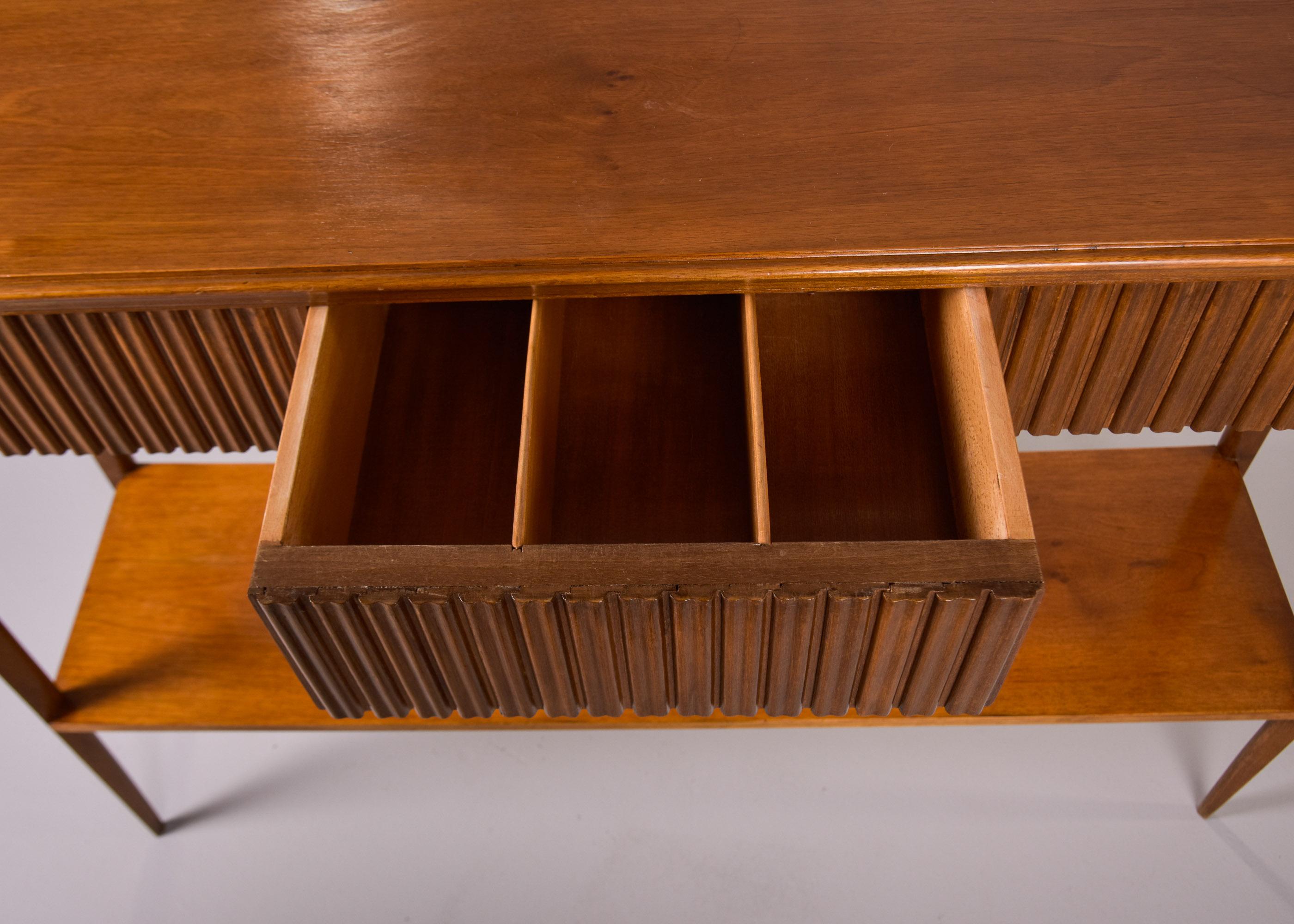 Mid Century Italian Walnut Console with Center Drawer For Sale 7