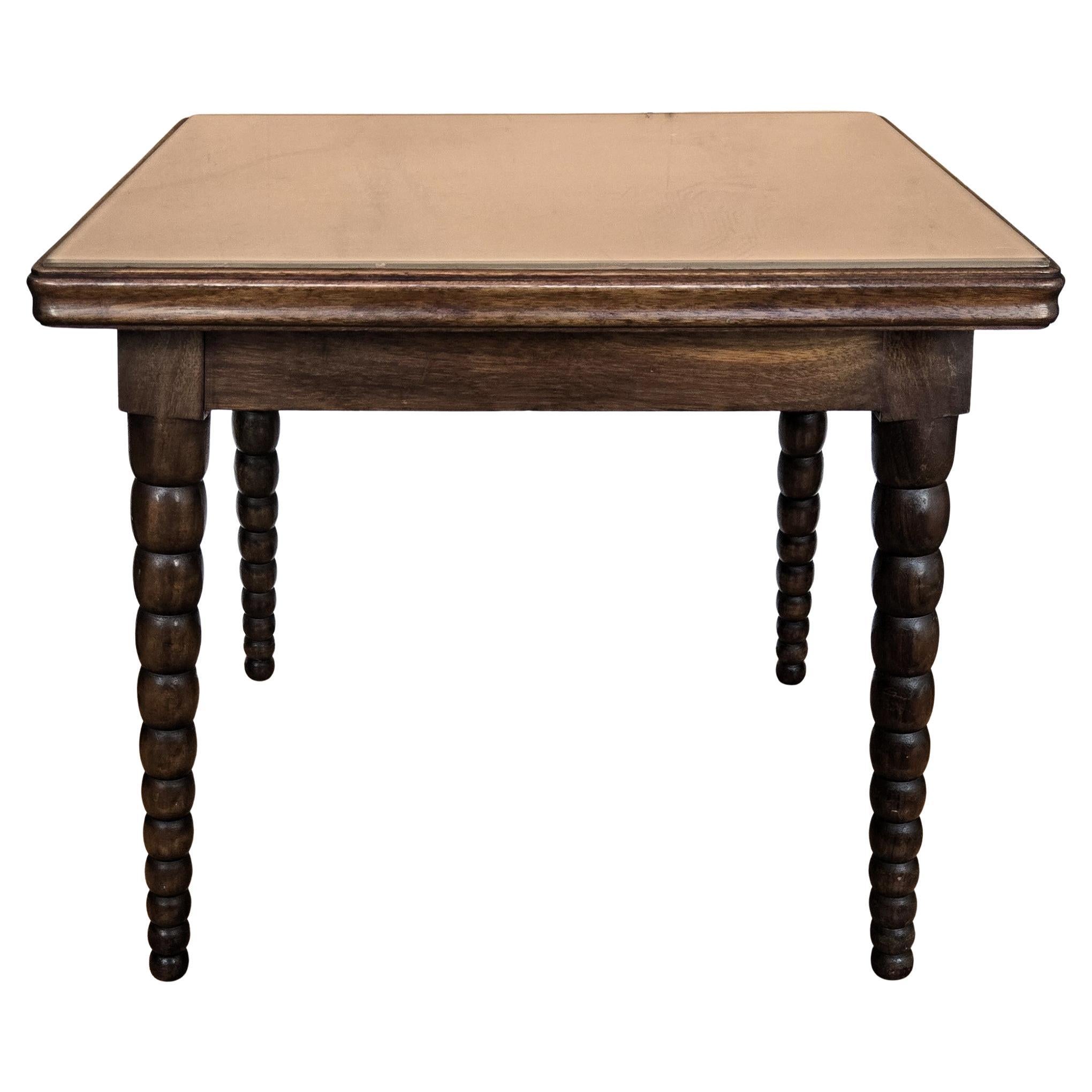 Mid-Century Italian Walnut Side Coffee Table with Bobbin Turned Legs Glass Top