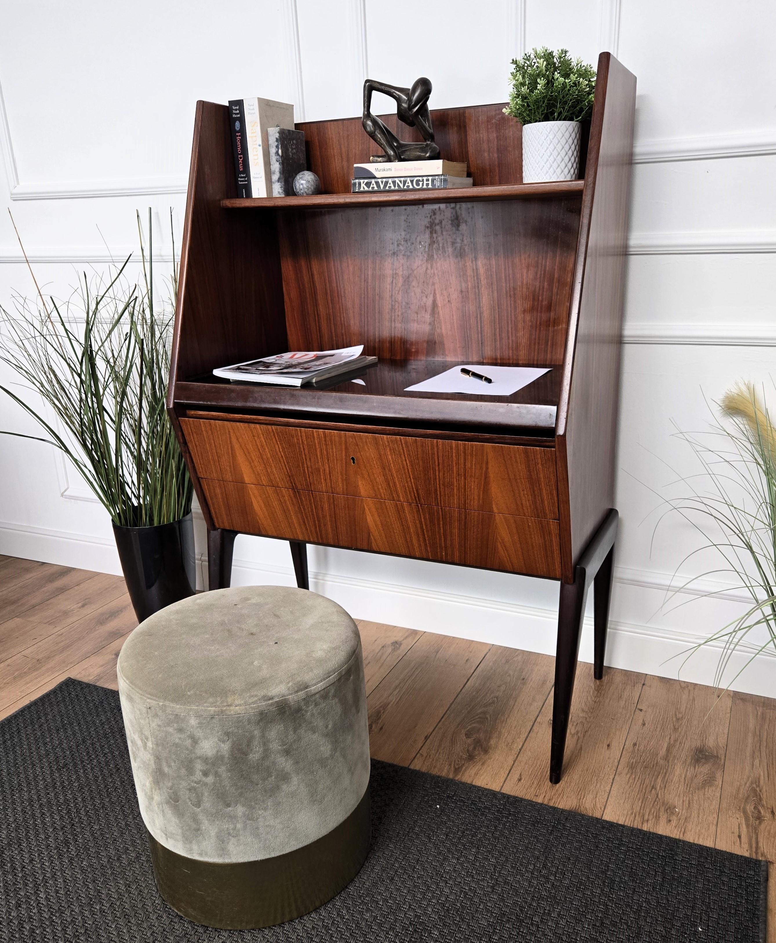 Mid-Century Italian Walnut Sliding Glass Top Secretary Tall Desk Writing Table In Good Condition For Sale In Carimate, Como