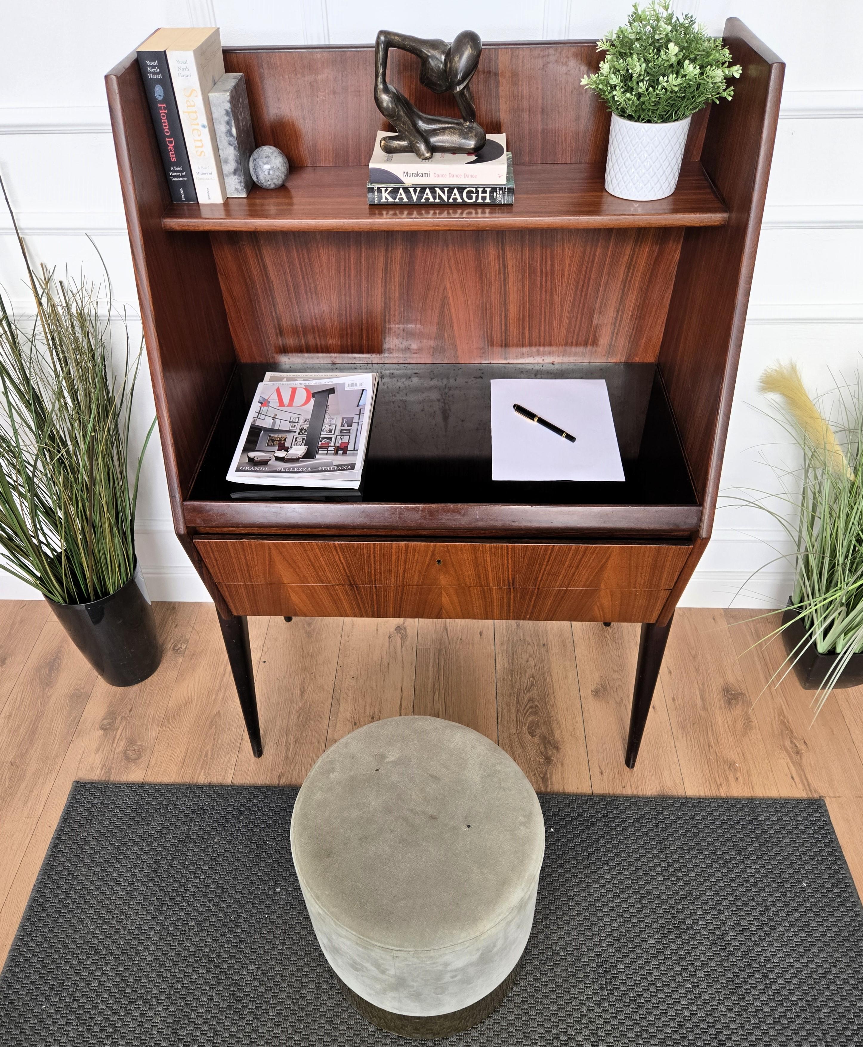20th Century Mid-Century Italian Walnut Sliding Glass Top Secretary Tall Desk Writing Table For Sale